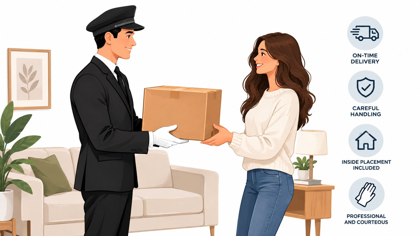A professional delivery person in a uniform handing a cardboard package to a smiling woman at home.