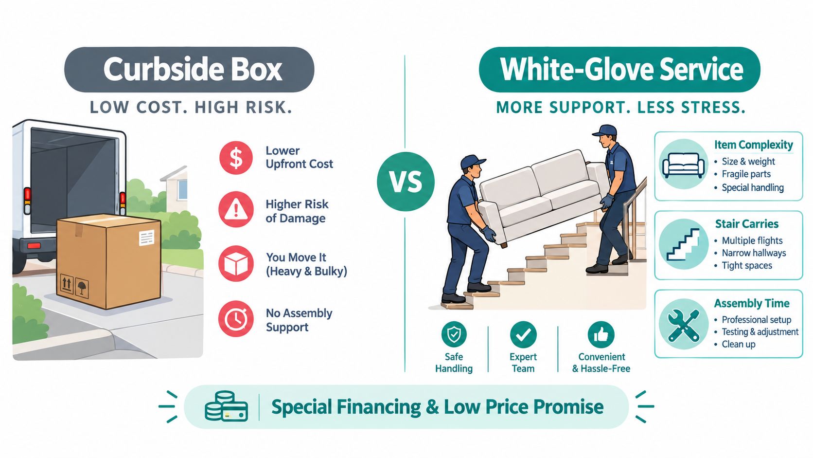 A comparison infographic between curbside box delivery and professional white-glove service for furniture shipping.