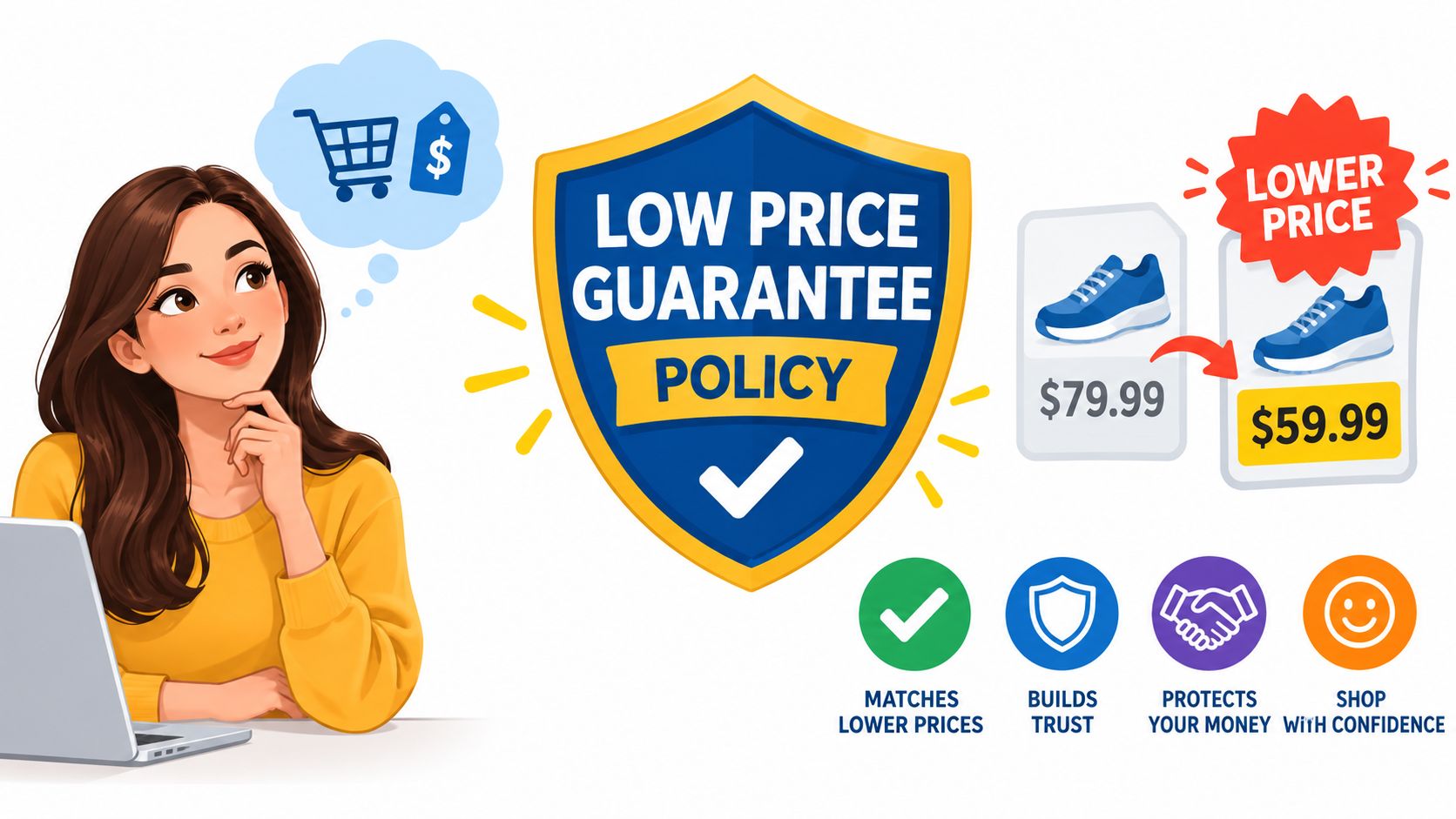An illustrated woman looks at a computer screen showing a low price guarantee policy for shoe purchases.