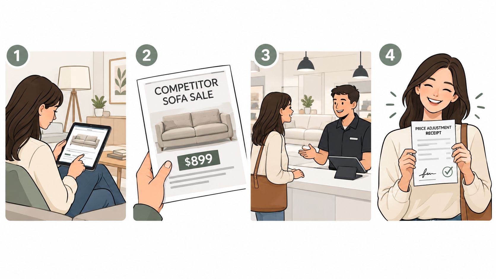 A four-step graphic illustration showing a woman successfully requesting a price adjustment match for a sofa.