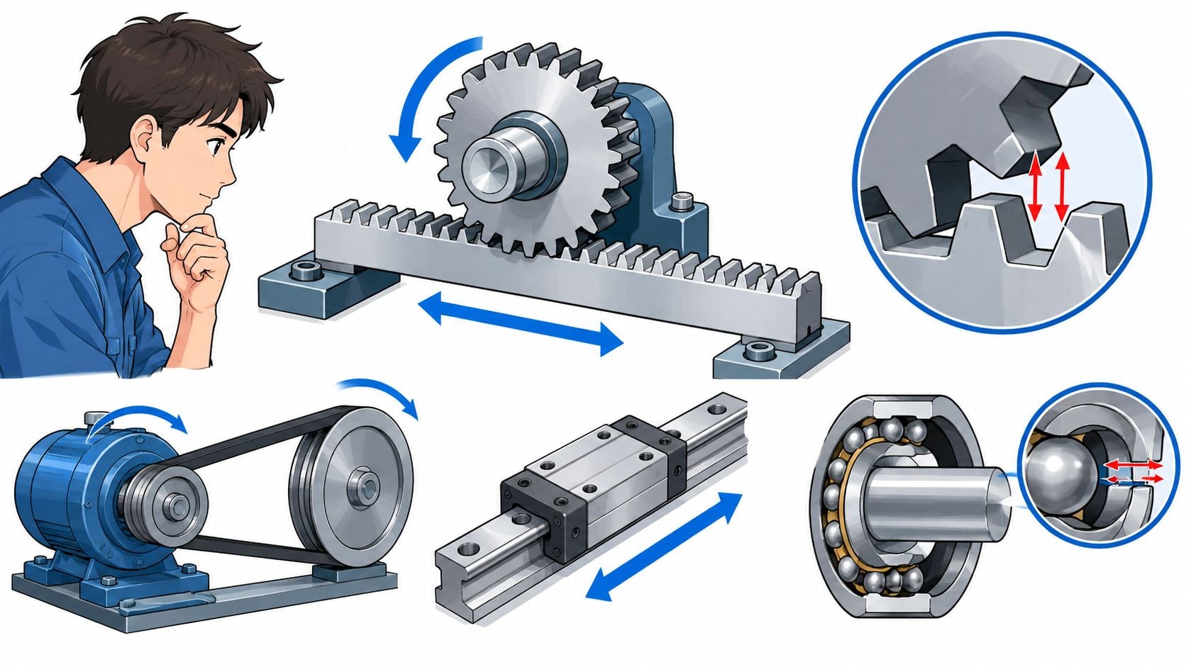 A diagram demonstrating various mechanical motion systems including gear racks, belt drives, linear guides, and ball bearings.