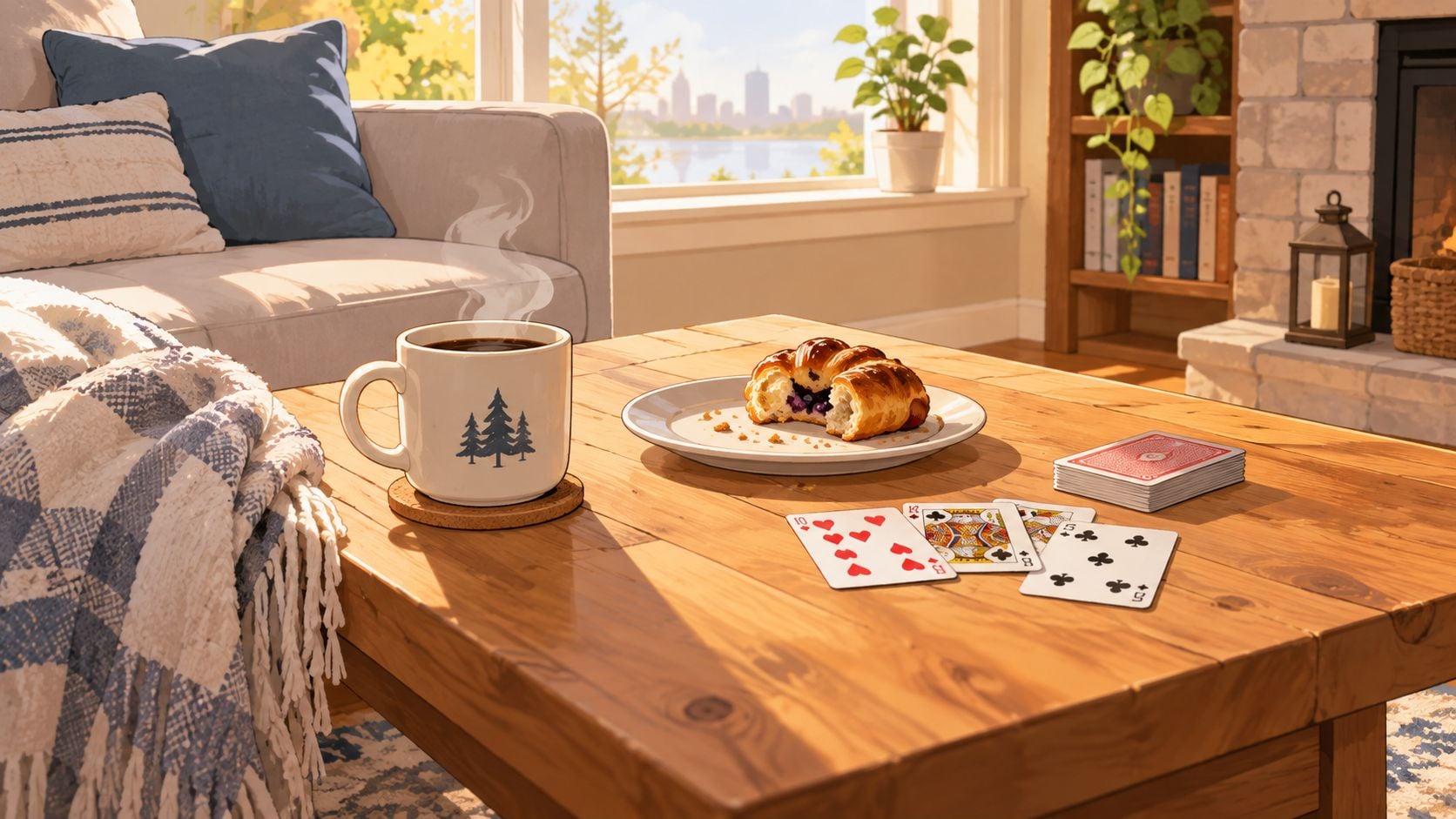 A cup of coffee and a croissant on a natural wood coffee table with playing cards.