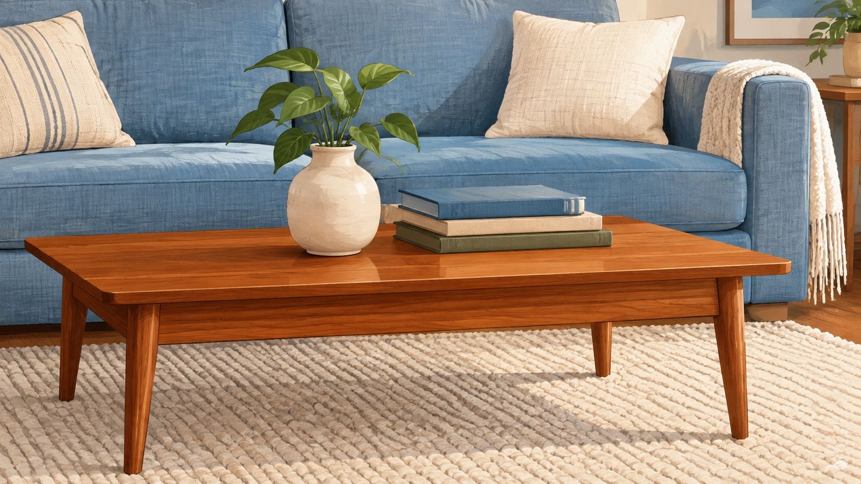 A modern natural wood coffee table featuring a small plant in a white vase and stacked books.