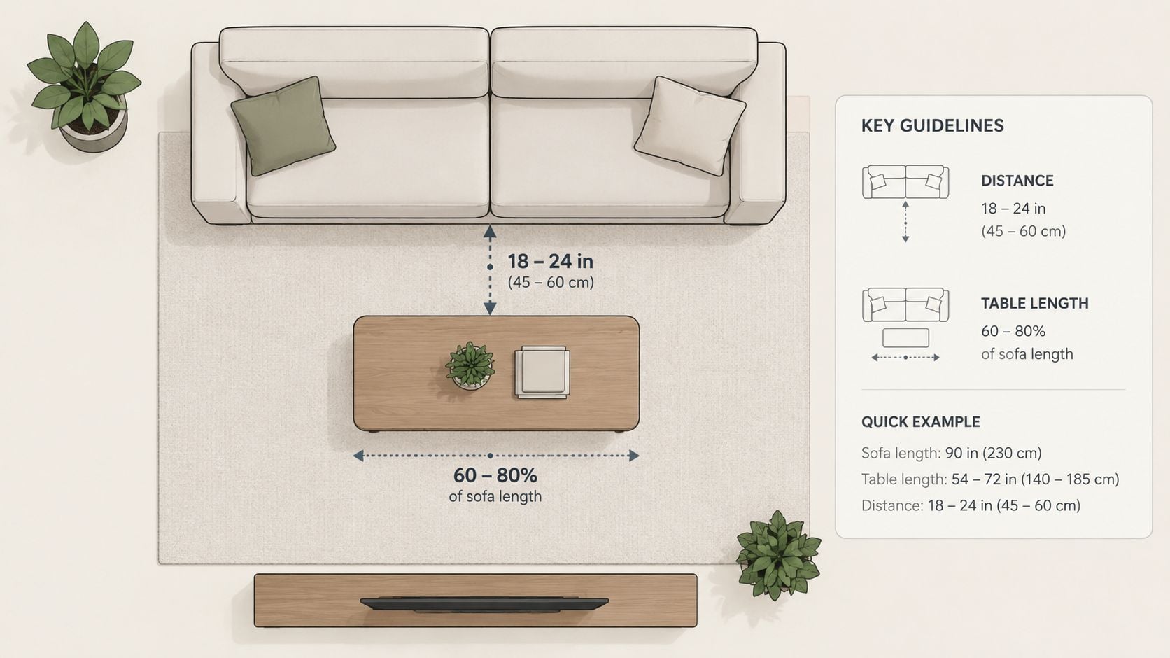 An overhead interior design guide illustrating the ideal distance and length ratios for a coffee table.