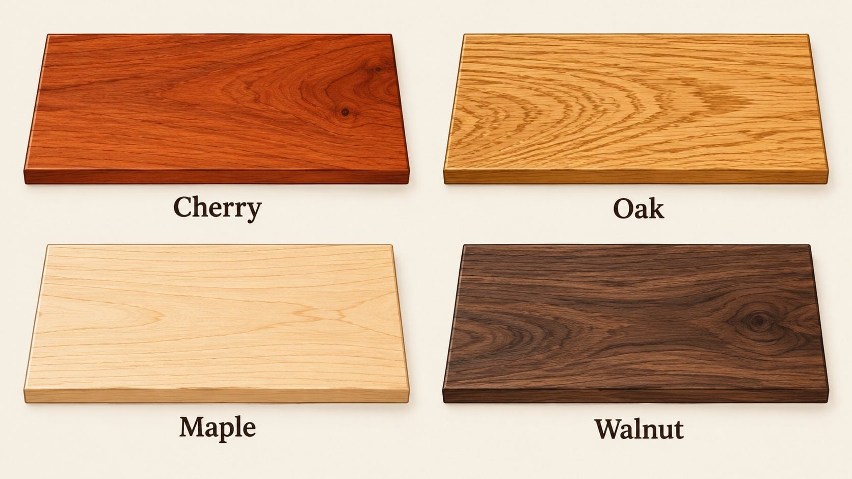 Four different wooden boards representing Cherry, Oak, Maple, and Walnut wood types for coffee table designs.