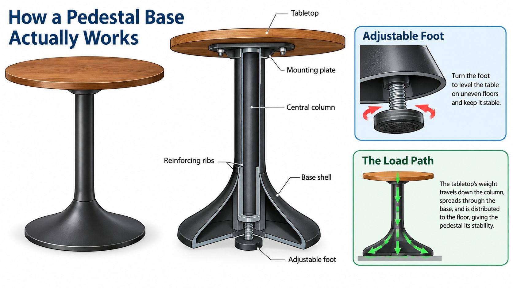 A diagram illustrating the structural components and load path of a table pedestal base.