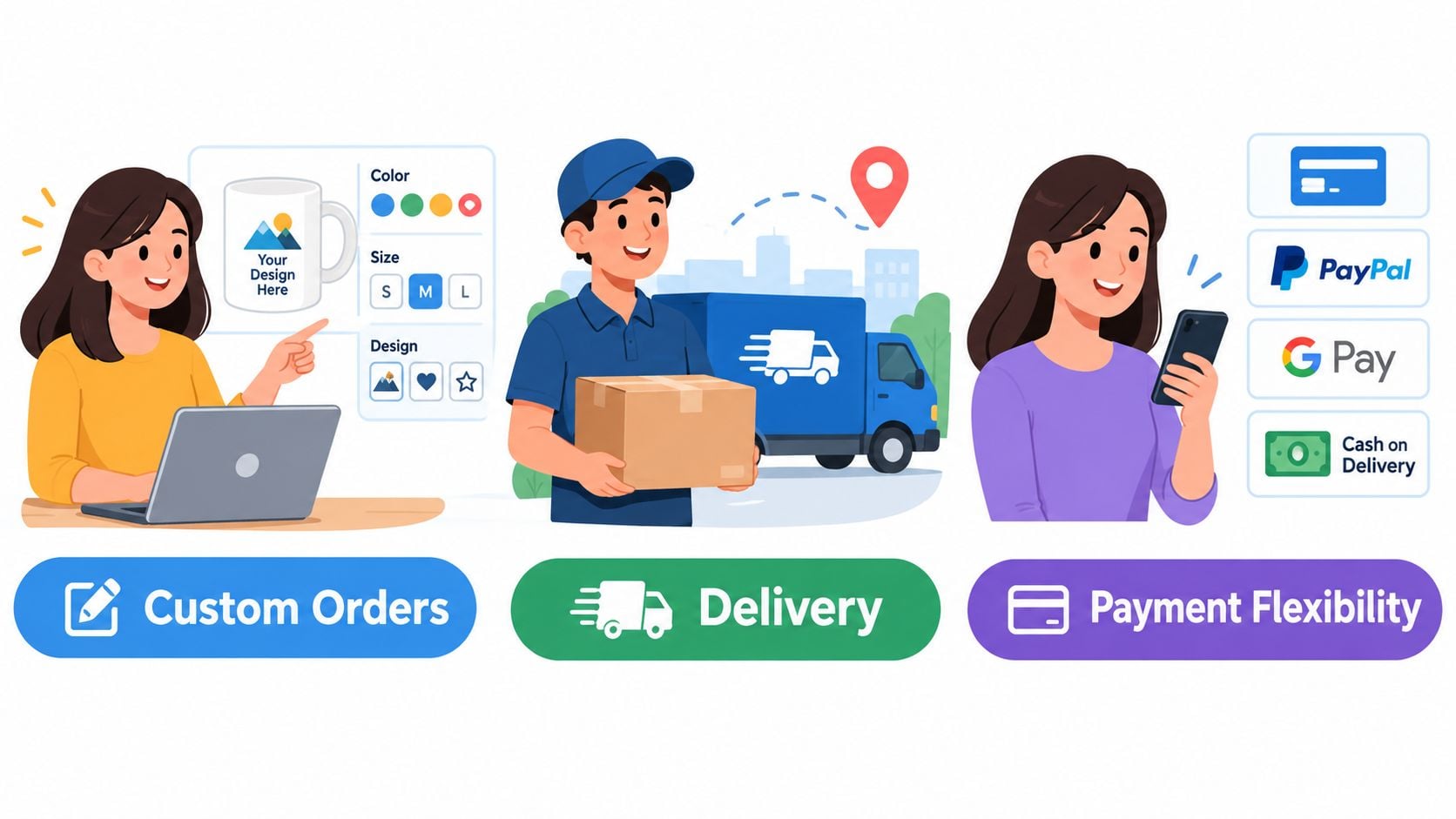 A graphic illustration depicting the three-step service process of custom ordering, product delivery, and flexible payment options.