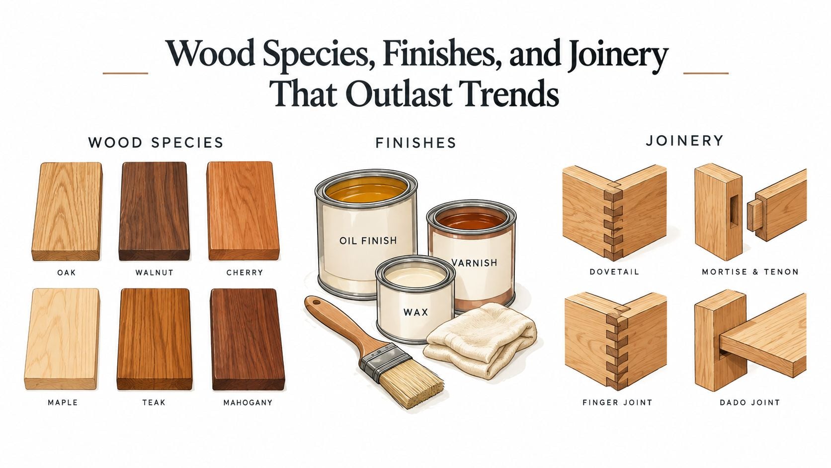 An infographic illustrating various wood species, different types of furniture finishes, and classic woodworking joinery techniques.