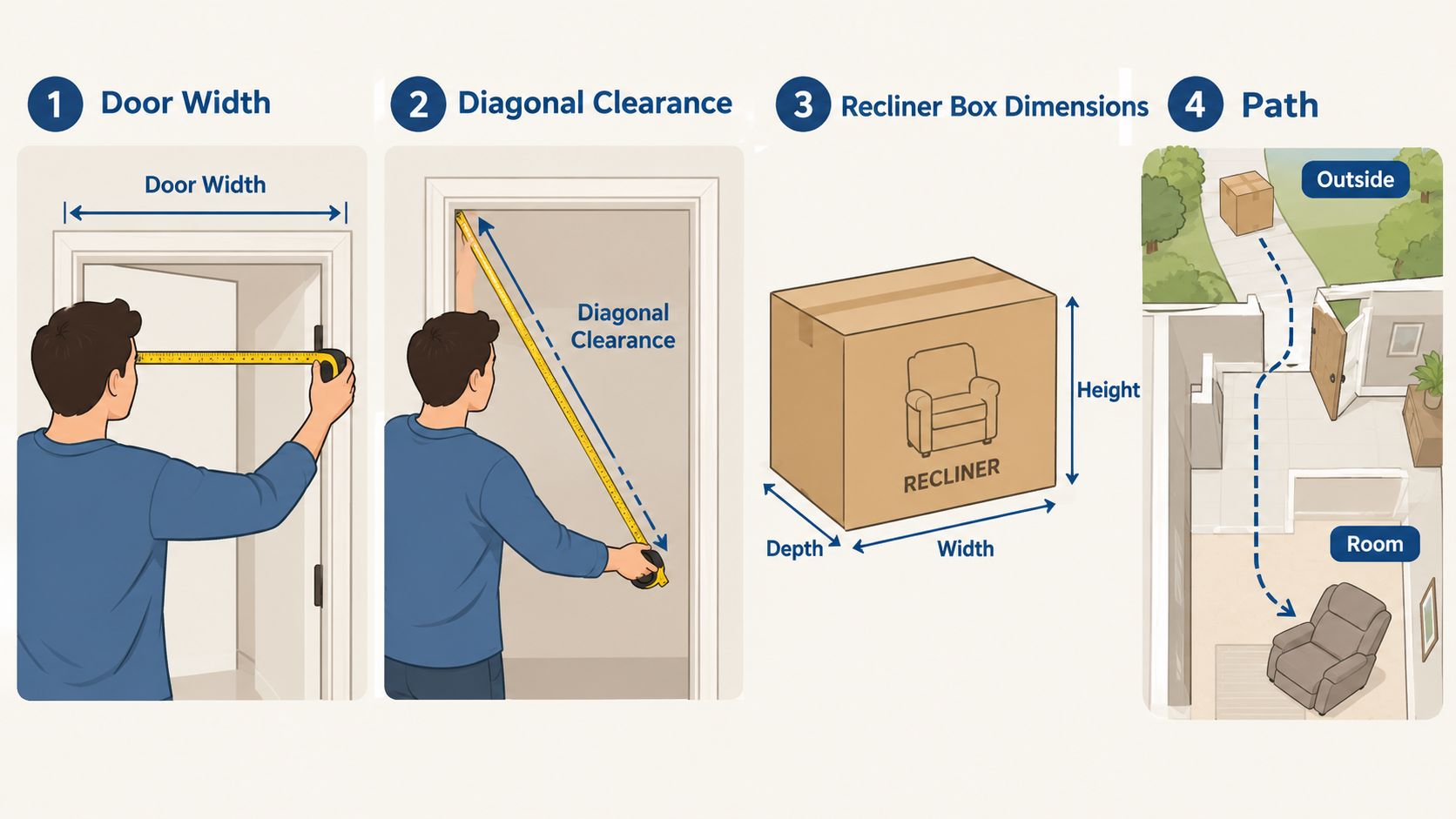 A diagram illustrating how to measure door width, diagonal clearance, and recliner box dimensions for furniture delivery.