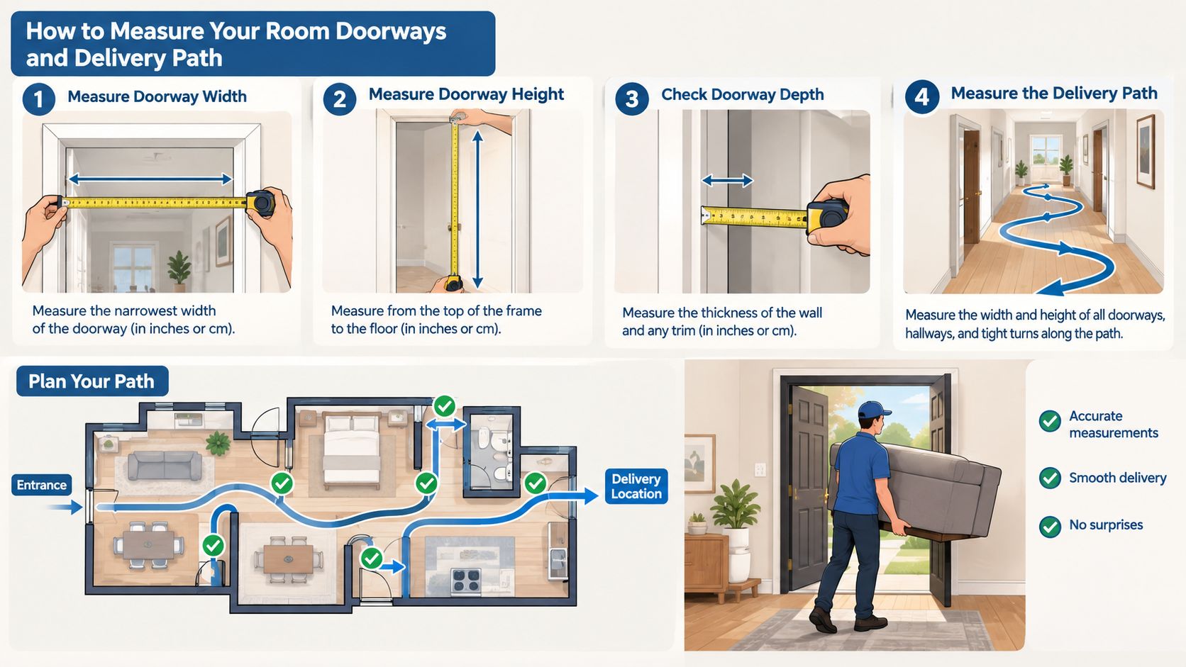 An infographic showing instructions on how to measure room doorways and delivery paths for furniture delivery.