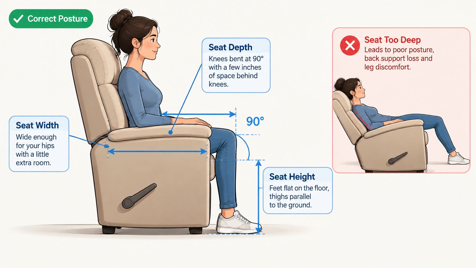 A diagram illustrating the ideal dimensions for a recliner chair, showing correct posture and seating measurements.