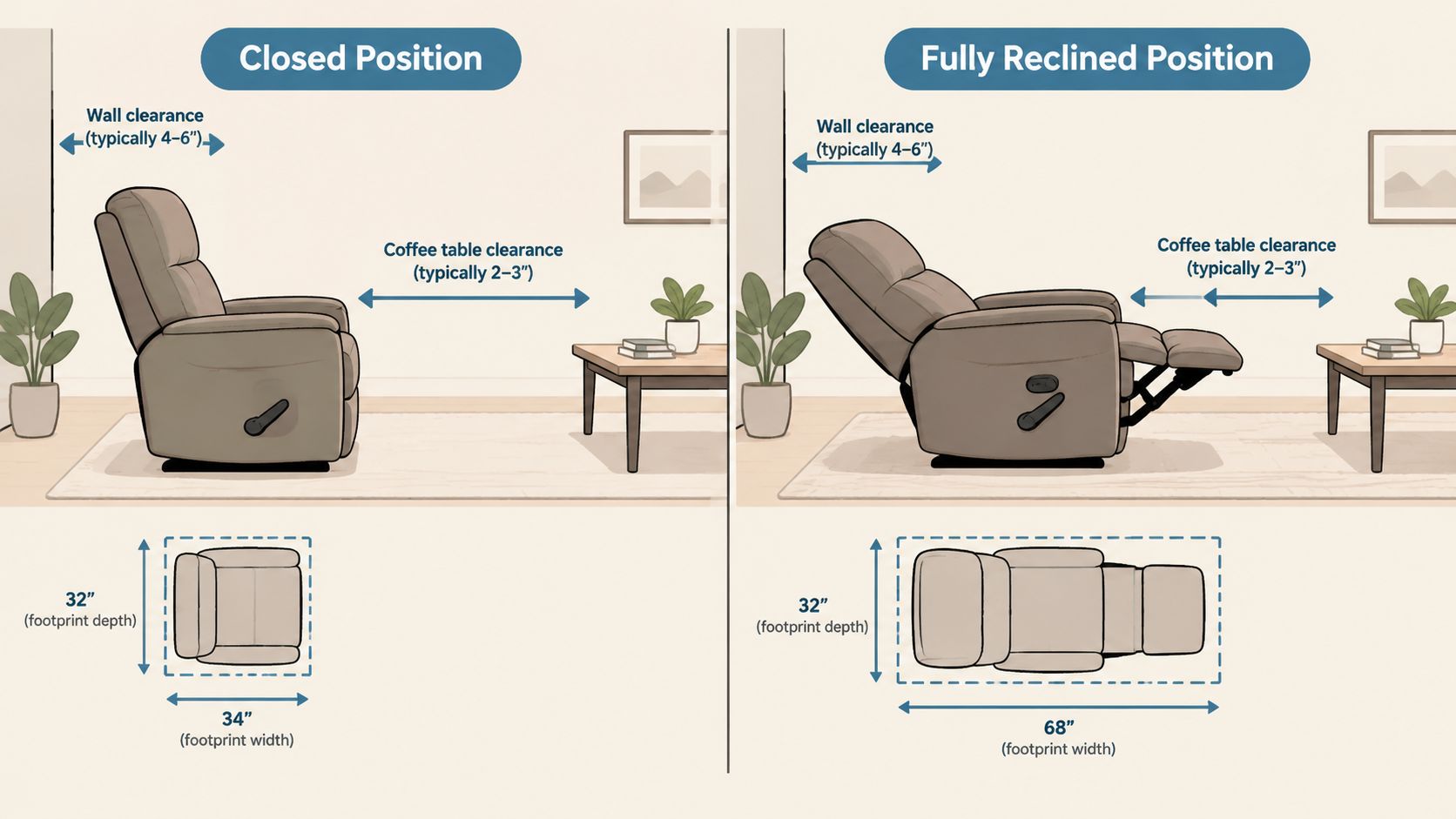 A diagram comparing the dimensions and clearance requirements for a recliner in closed and fully reclined positions.