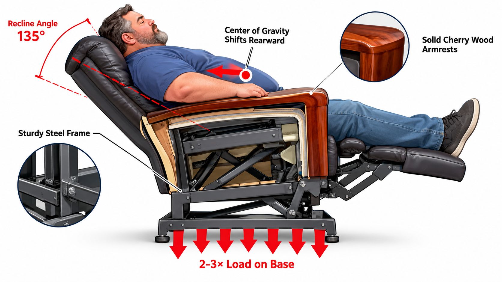 A side view diagram showing the structural design and ergonomic features of a heavy-duty recliner chair.