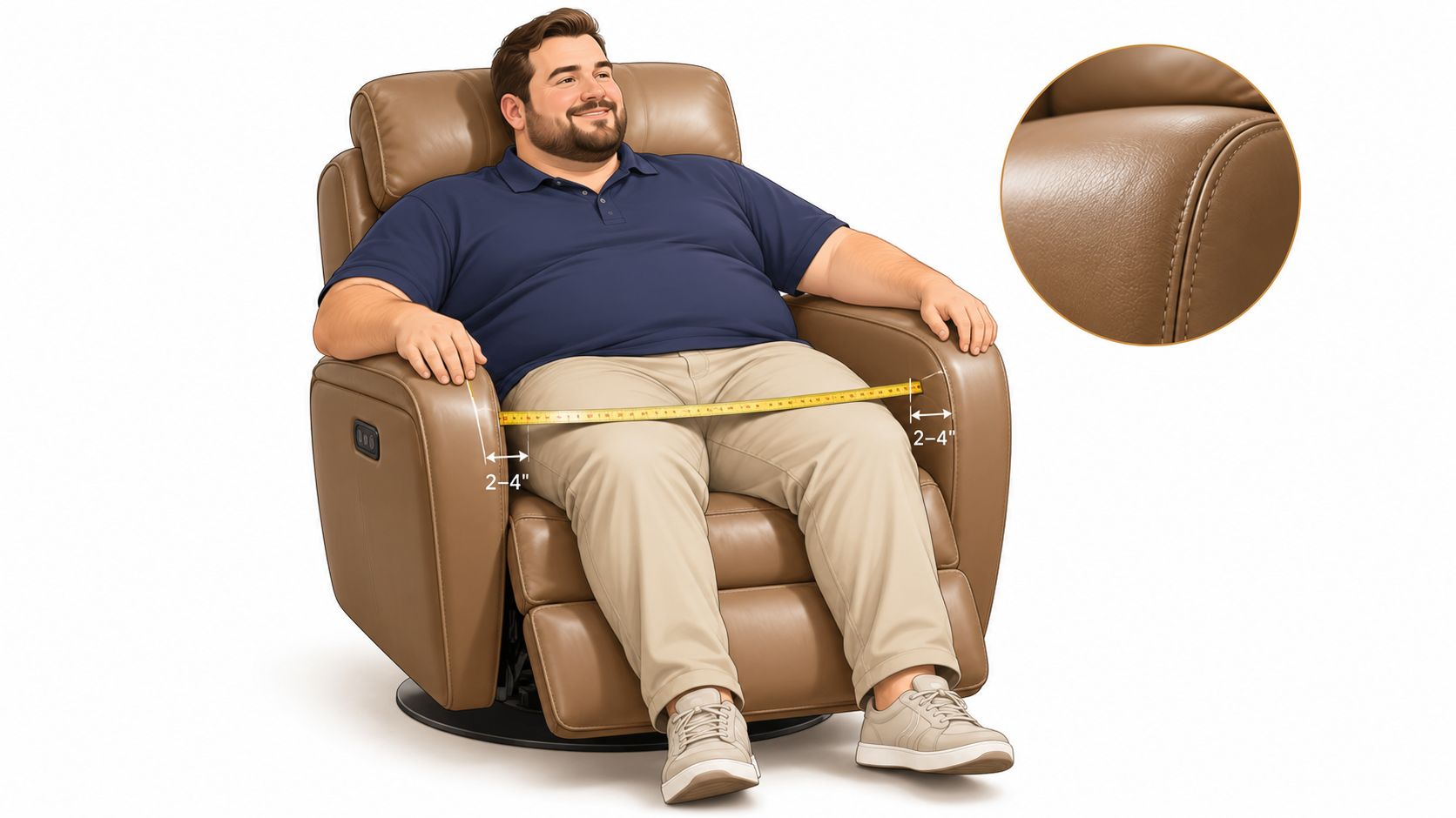 An illustration demonstrating how to measure a recliner for a heavy man using a tape measure.