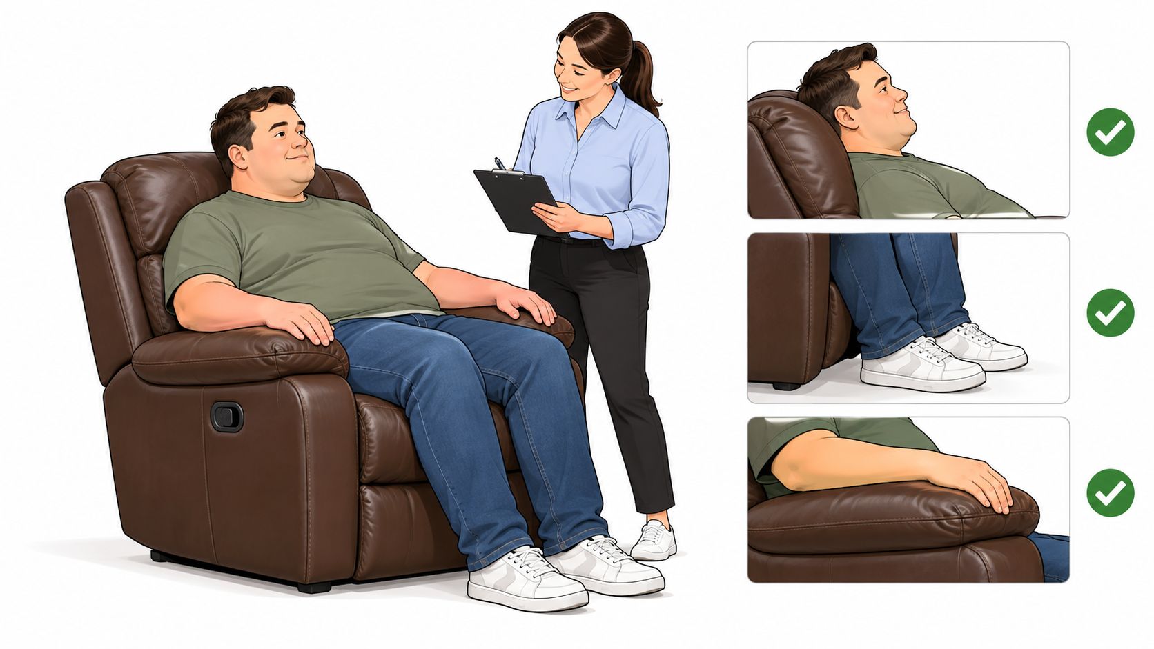 A man sitting comfortably in a brown leather recliner with a woman observing proper posture and positioning.