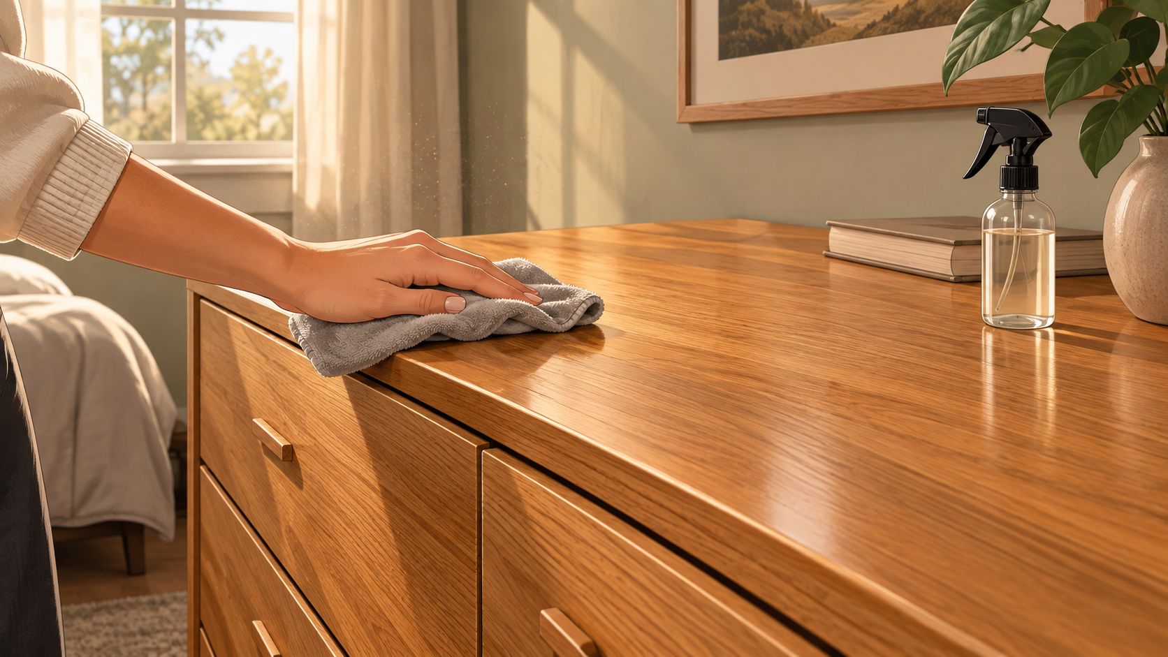 A person cleaning the smooth, polished surface of a solid oak dresser in a sunlit bedroom.
