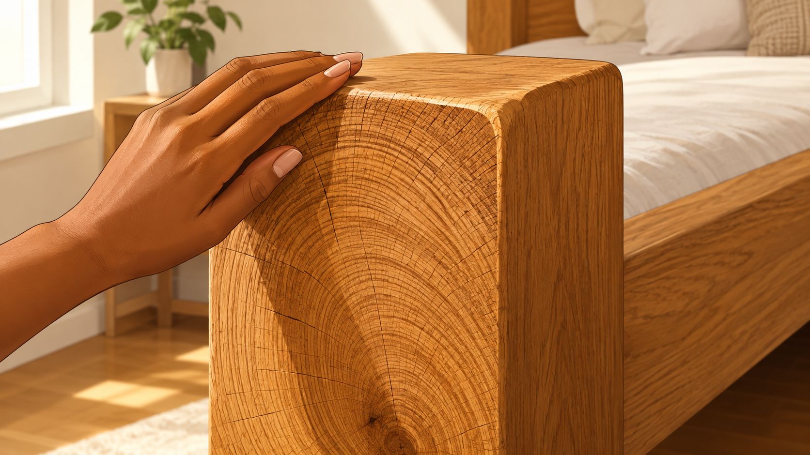 A close-up view of a person's hand touching the natural wood grain of a solid oak bed.