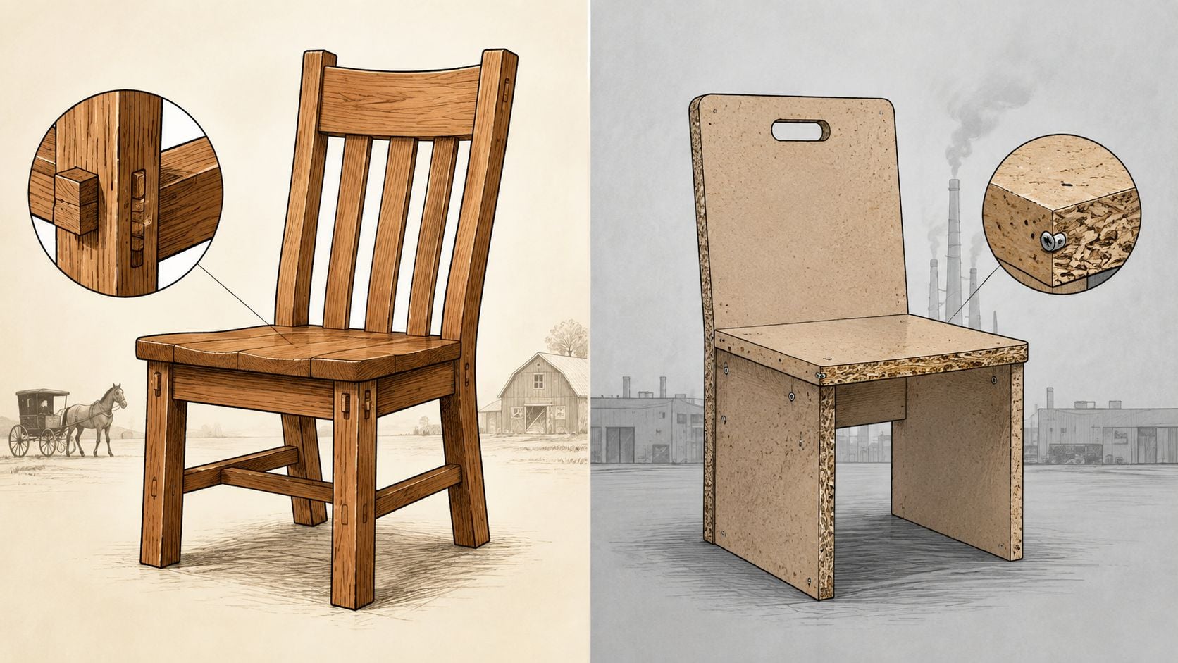 A split image contrasting traditional wooden furniture construction with modern particle board furniture manufacturing.