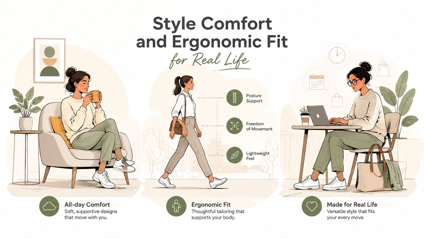 A woman wearing comfortable clothing in three daily scenarios: sitting, walking, and working at a laptop.