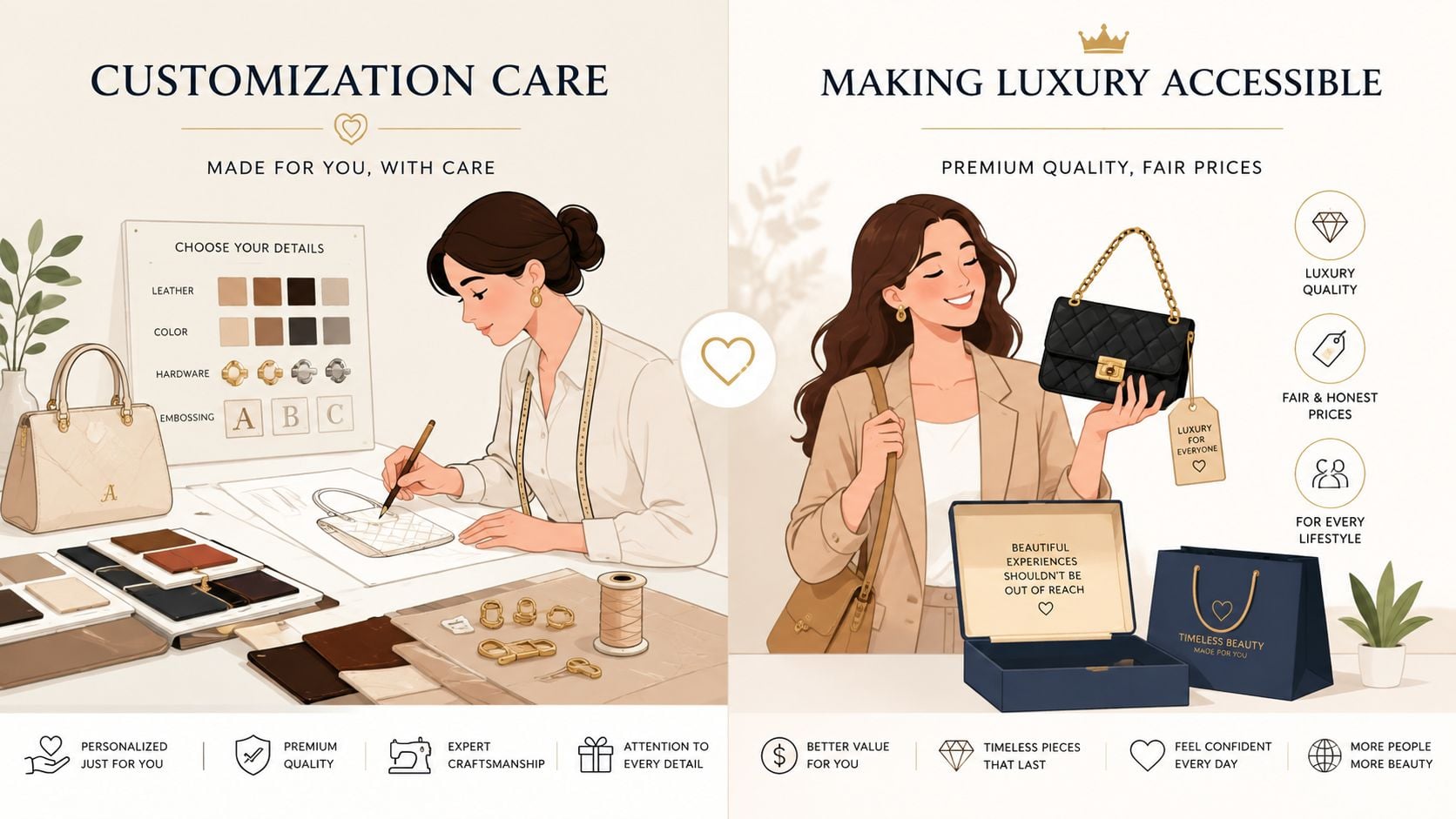 A split-screen illustration showing a designer customizing a handbag on the left and a woman admiring a luxury bag on the right.