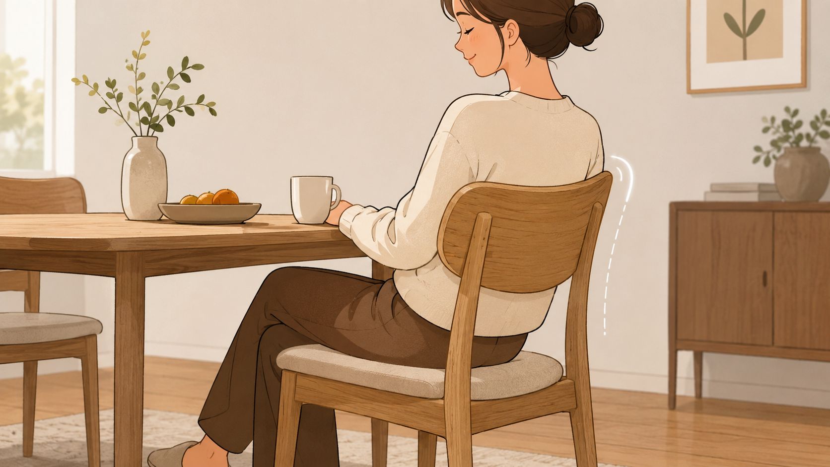 A woman sits comfortably on a solid oak dining chair while relaxing at a wooden dining table.