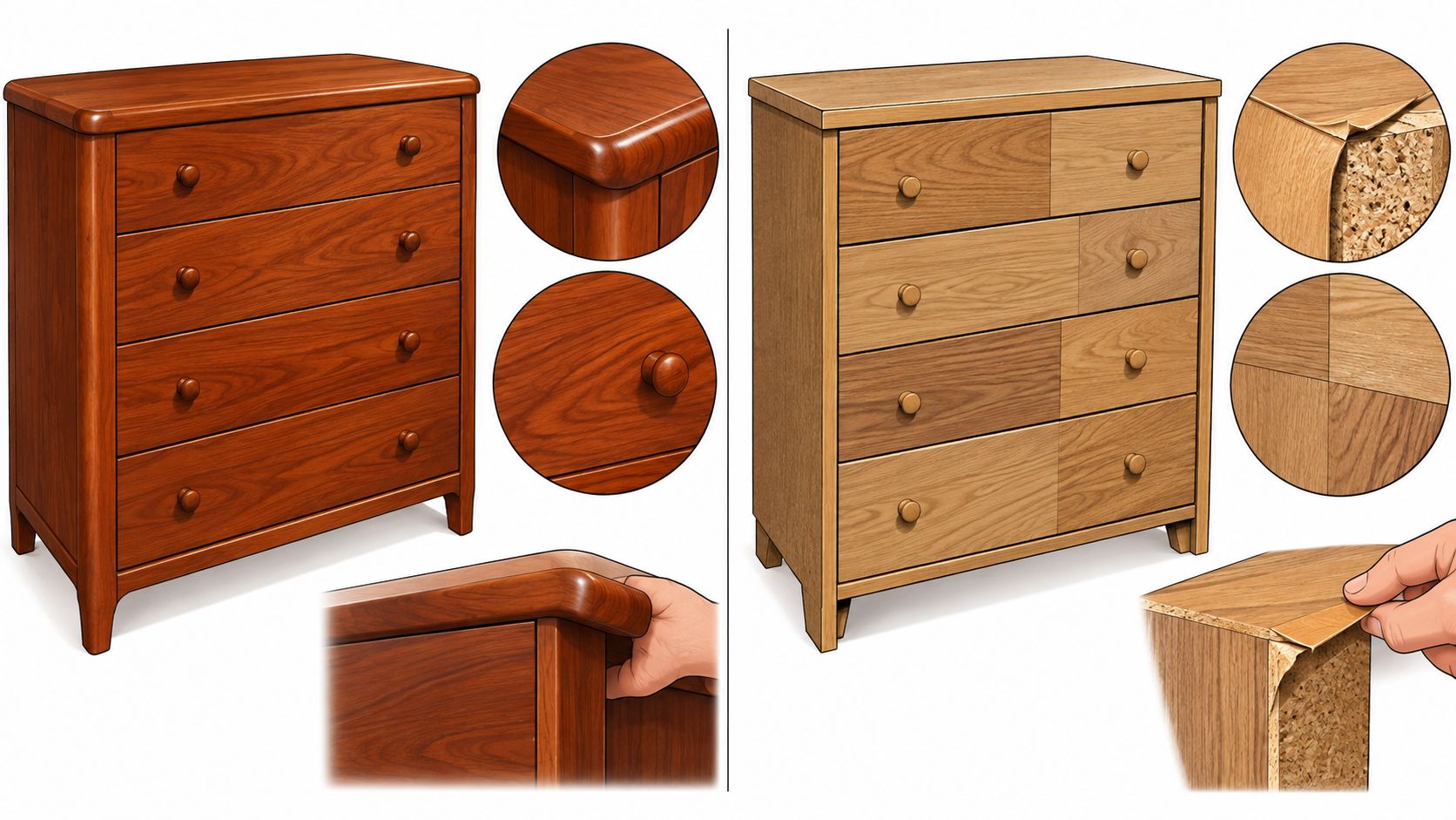 A visual comparison showing a high-quality solid wood dresser versus a lower-quality particle board furniture piece.