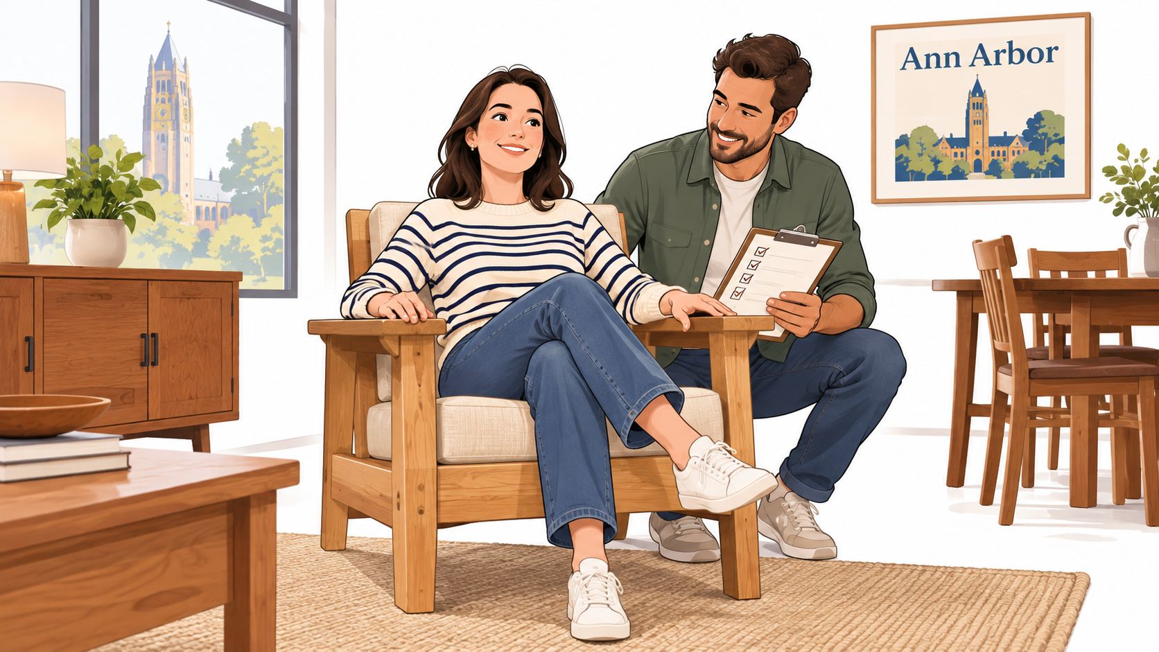 A smiling couple planning interior decor while sitting in a modern room with solid wood furniture.