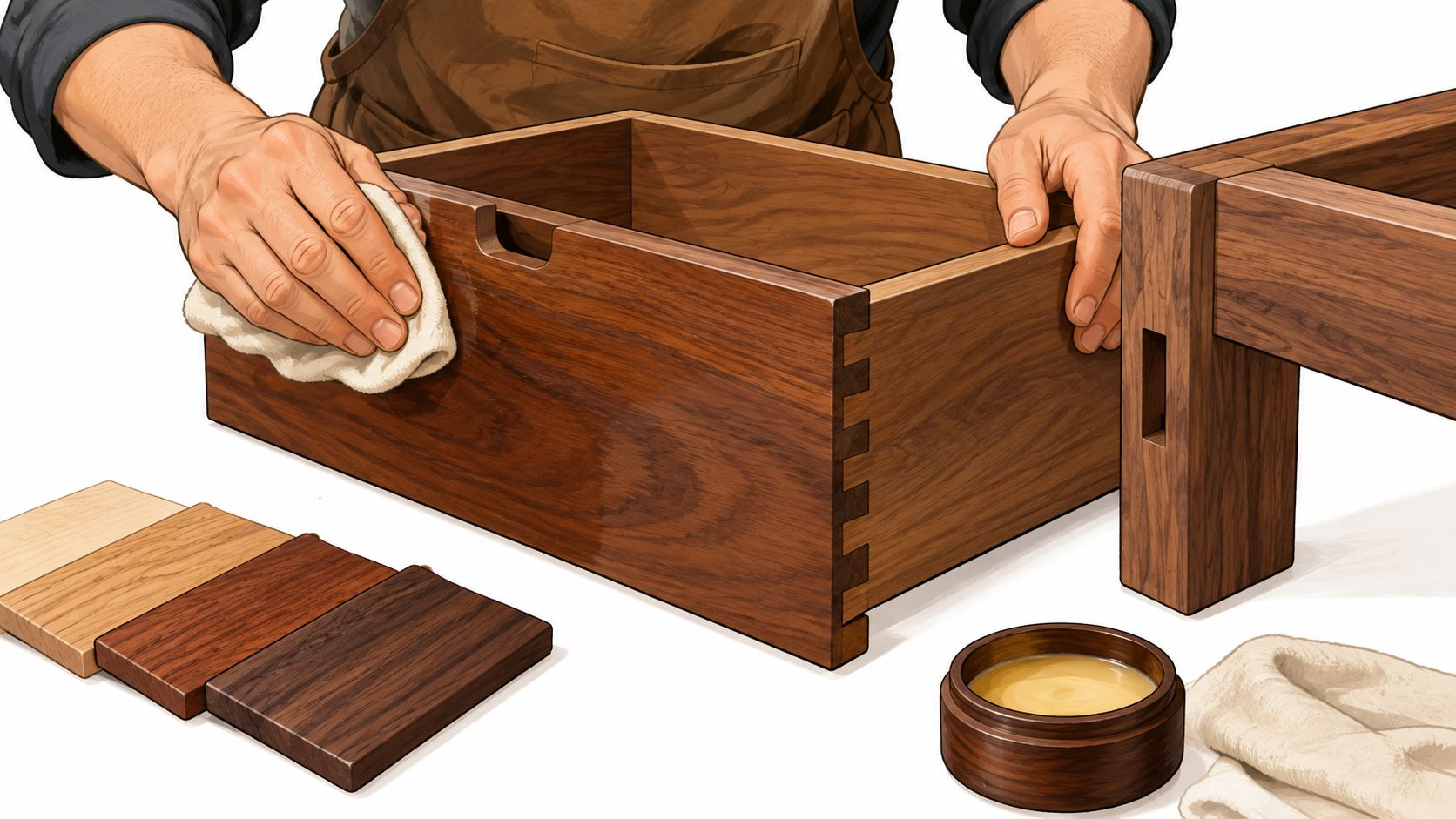 A skilled woodworker hand-polishing a custom solid wood furniture drawer using wax and a cloth.