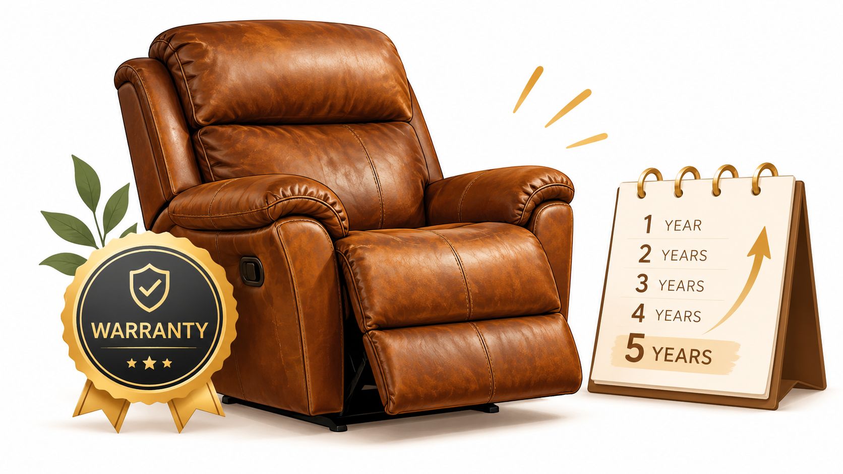A luxurious brown leather recliner chair displayed with a five-year warranty badge and a calendar showing growth.