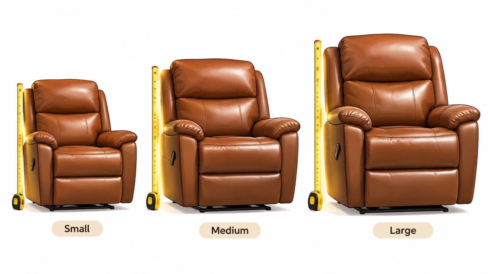 Three brown leather recliners in small, medium, and large sizes shown with tape measures for scale.