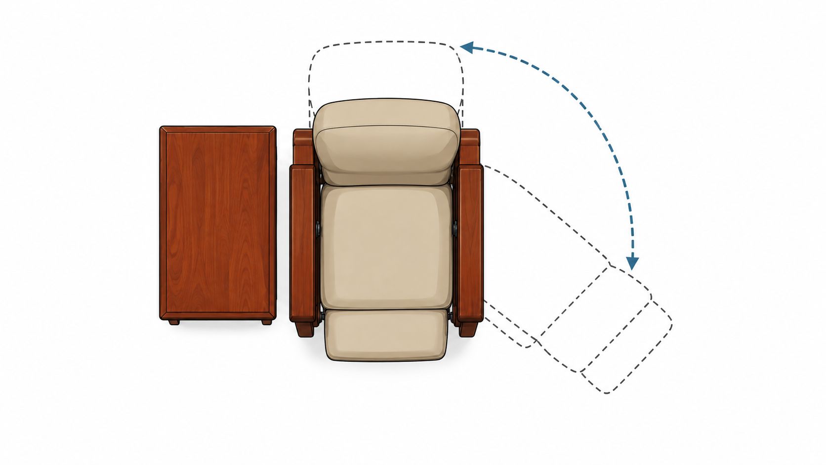 A top-down view showing a Stressless recliner next to a side table with a rotation arc illustration.