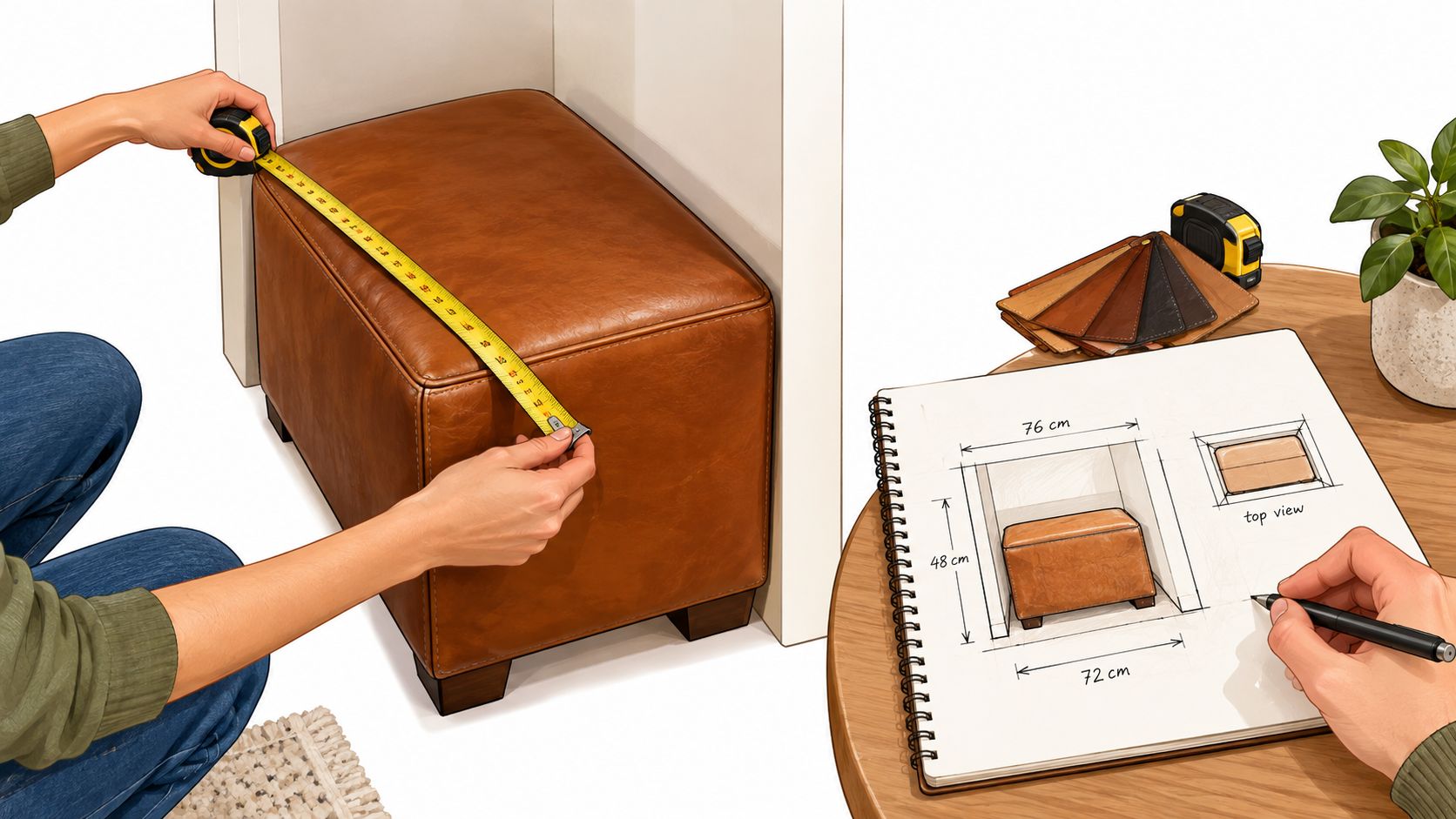 A person measures a top grain leather ottoman while another sketches the furniture dimensions in a notebook.