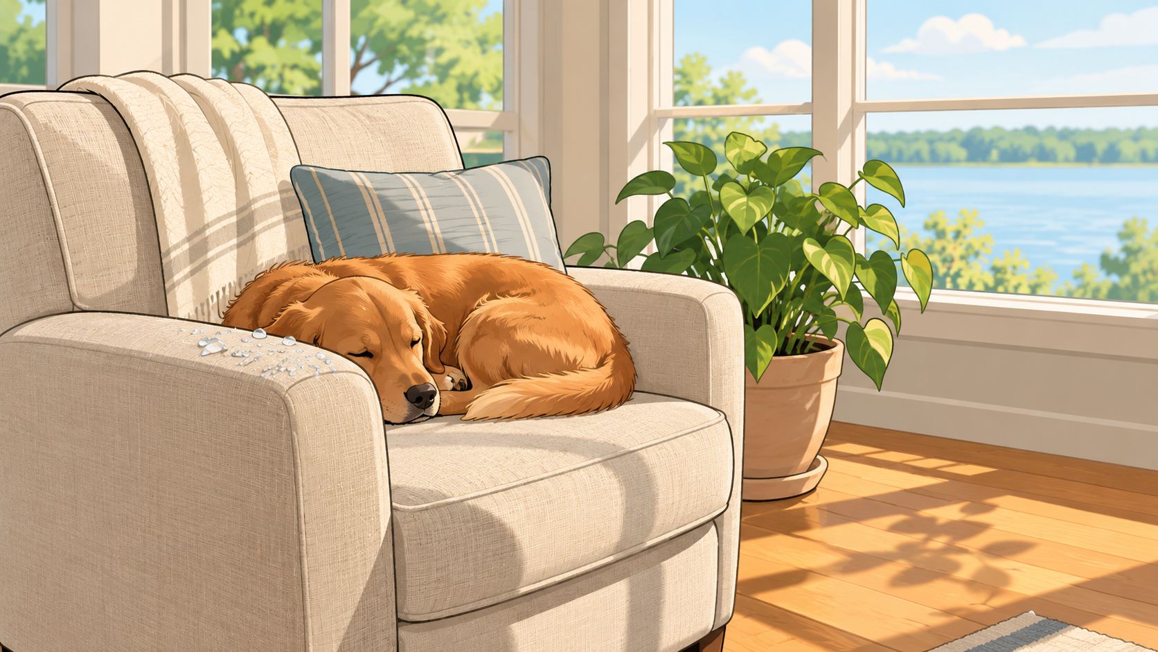A golden retriever sleeping peacefully on a beige armchair next to a potted plant by a window.
