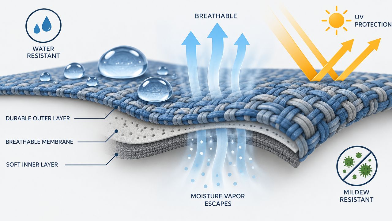 A 3D cross-section diagram showing the layers of water-resistant, breathable, and UV-protected outdoor technical fabric.