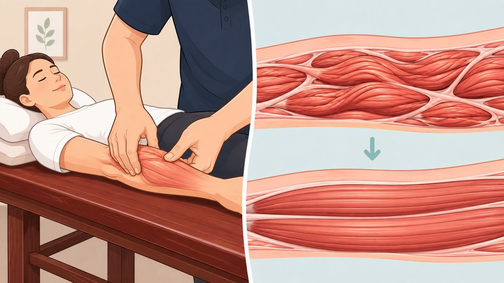 A practitioner performing active release technique on a patient's arm, illustrating muscle fiber alignment before and after treatment.