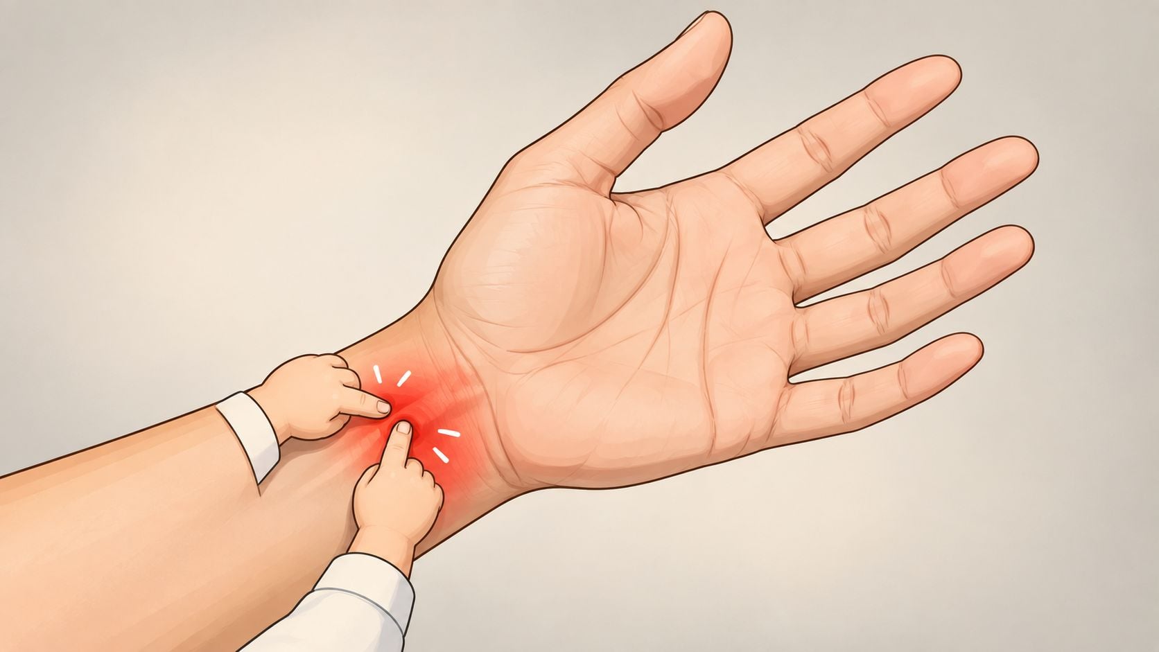 A small child's finger pointing at a tender, red, inflamed area on an adult's wrist.