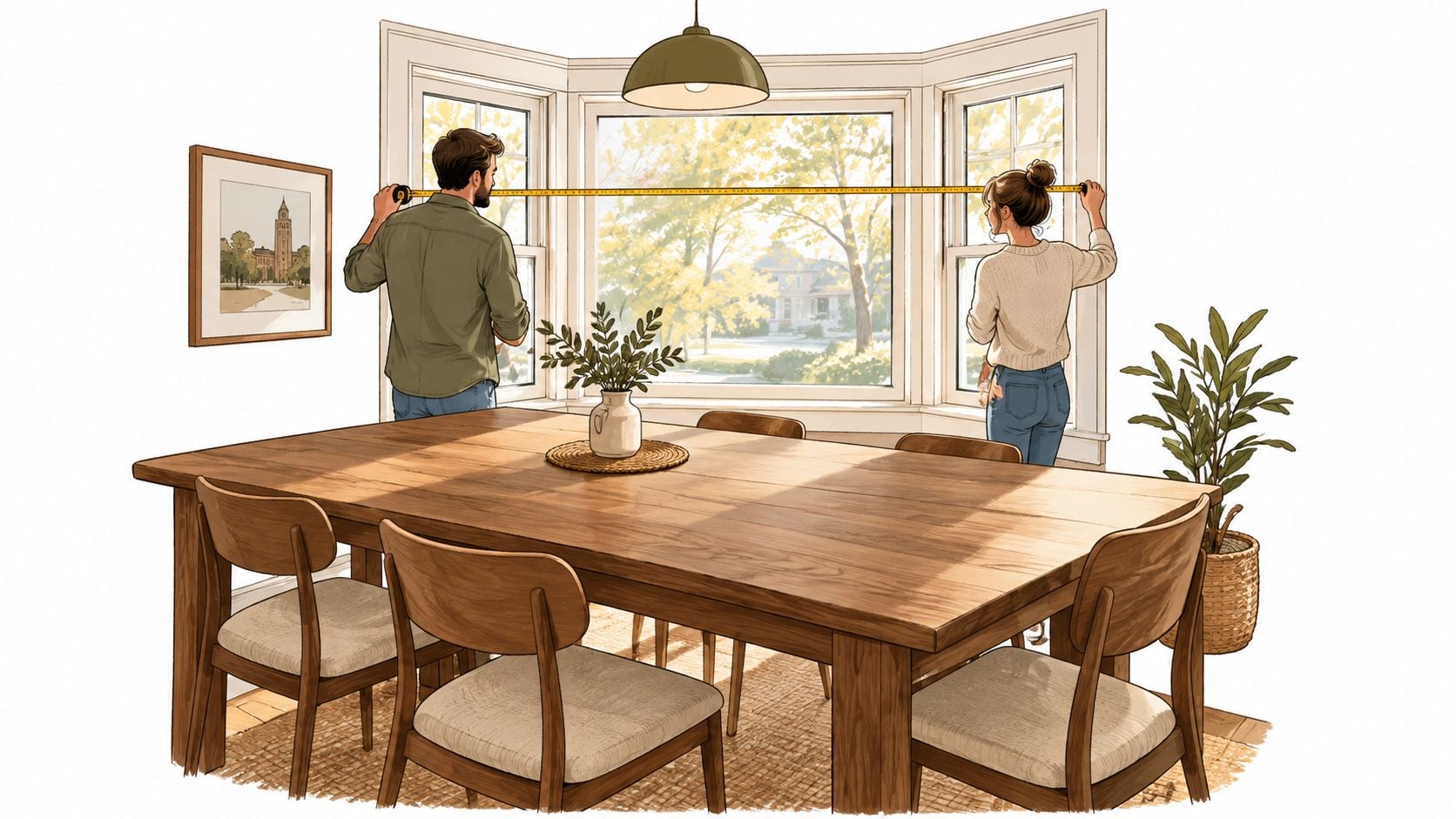 A couple uses a tape measure to determine the dimensions of a bay window for custom furniture.