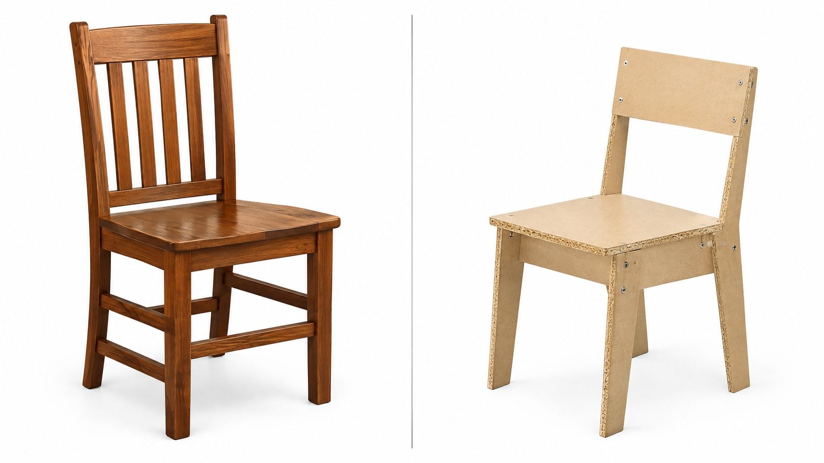 A wooden kitchen chair next to a simple particle board craft chair on a white background.