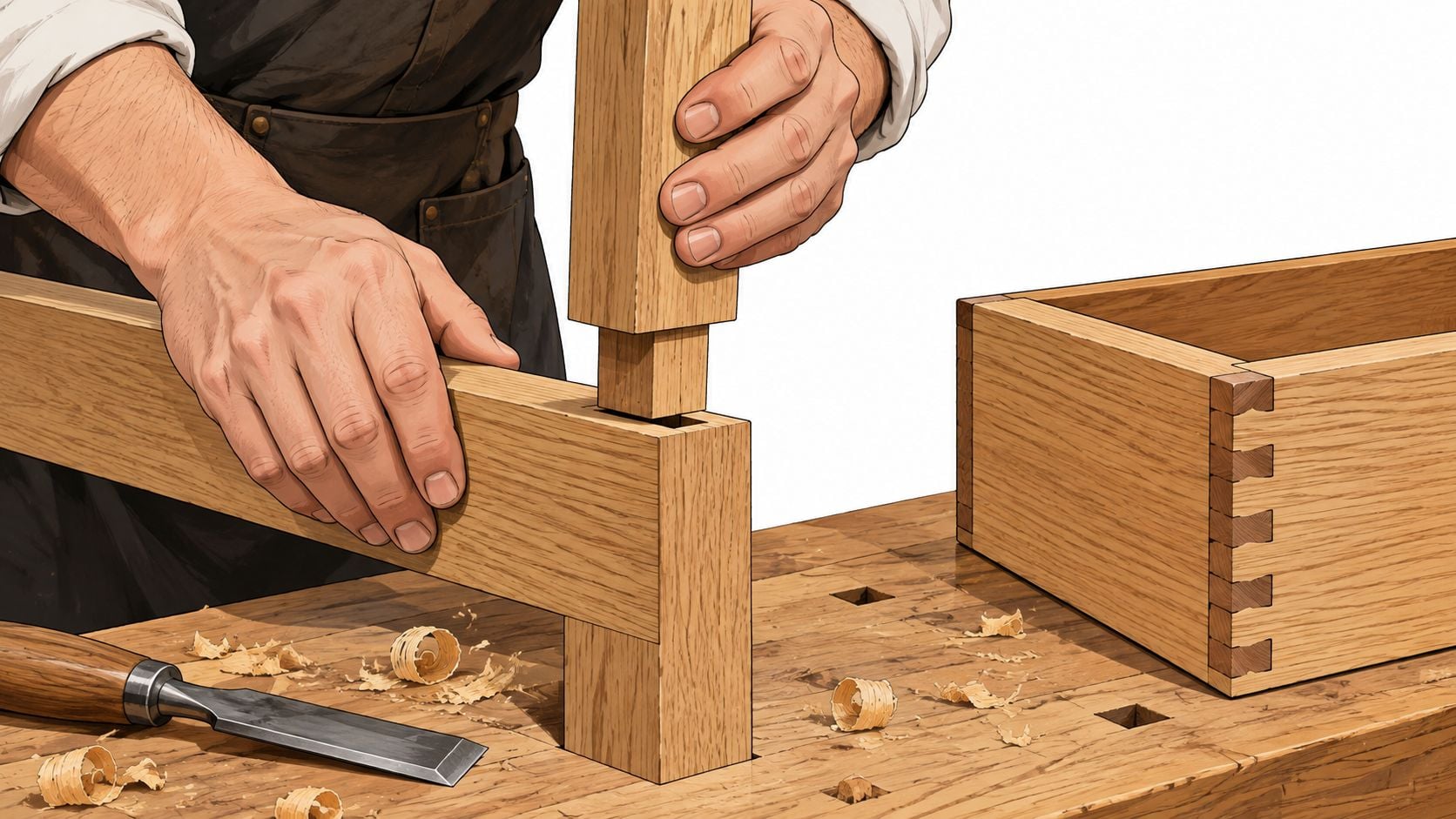A skilled carpenter assembling a mortise and tenon joint while building custom handmade wooden furniture.