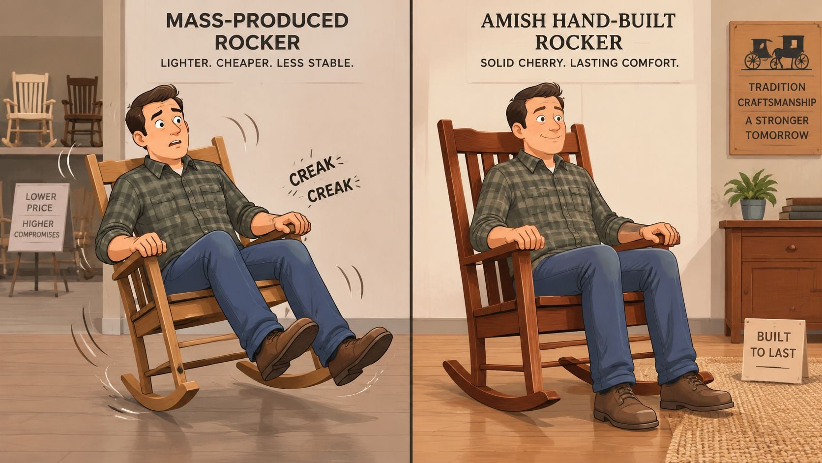 A comparison illustration showing a man uncomfortable in a shaky mass-produced rocker versus content in an Amish rocker.