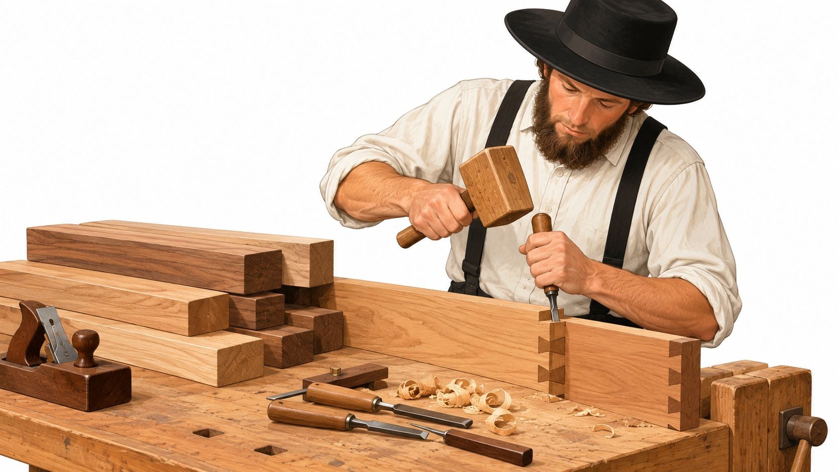 An Amish woodworker carefully chiseling a dovetail joint on a piece of high quality timber workbench.