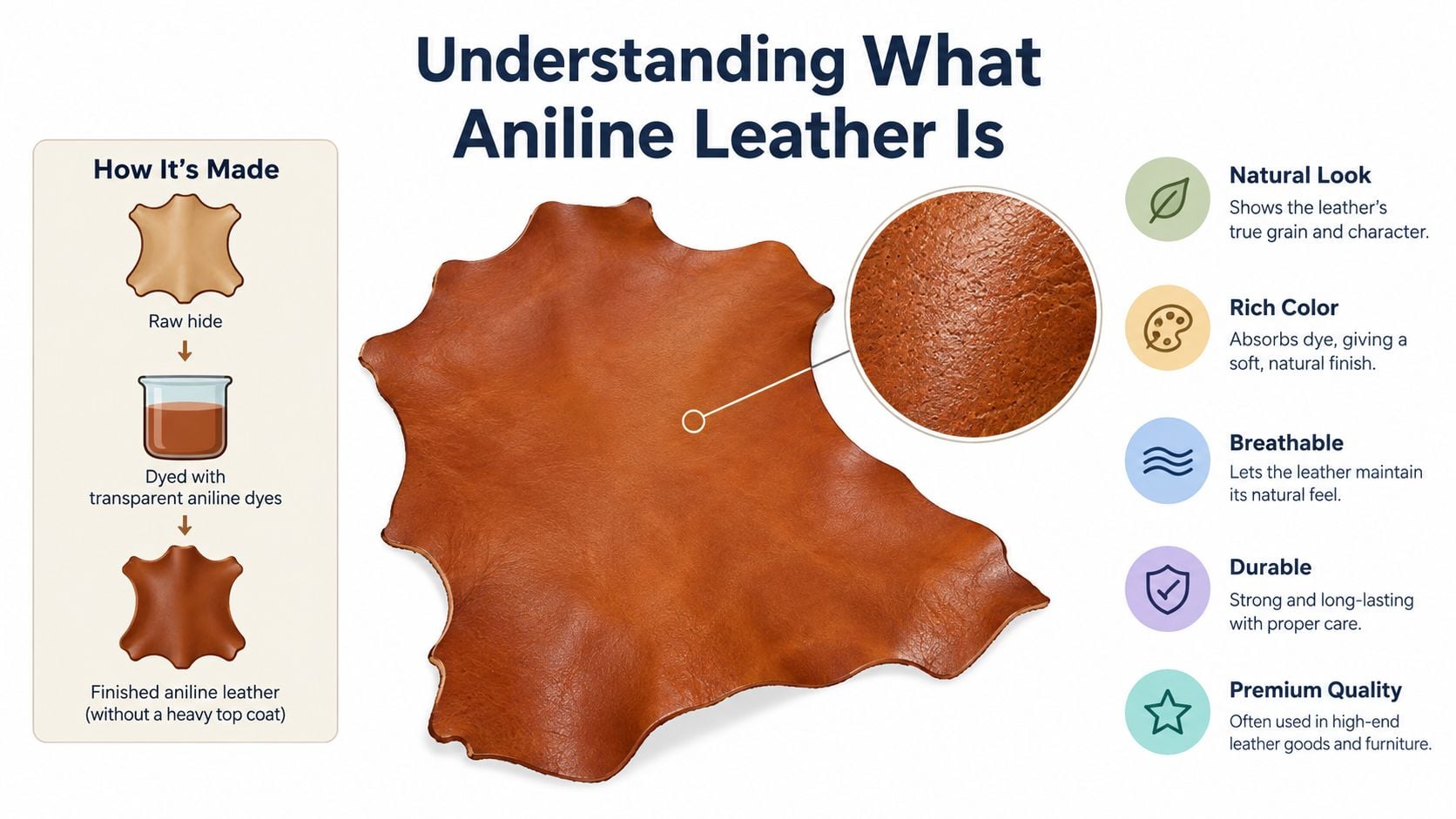 A diagram explaining how aniline leather is made and its key qualities like natural texture and durability.