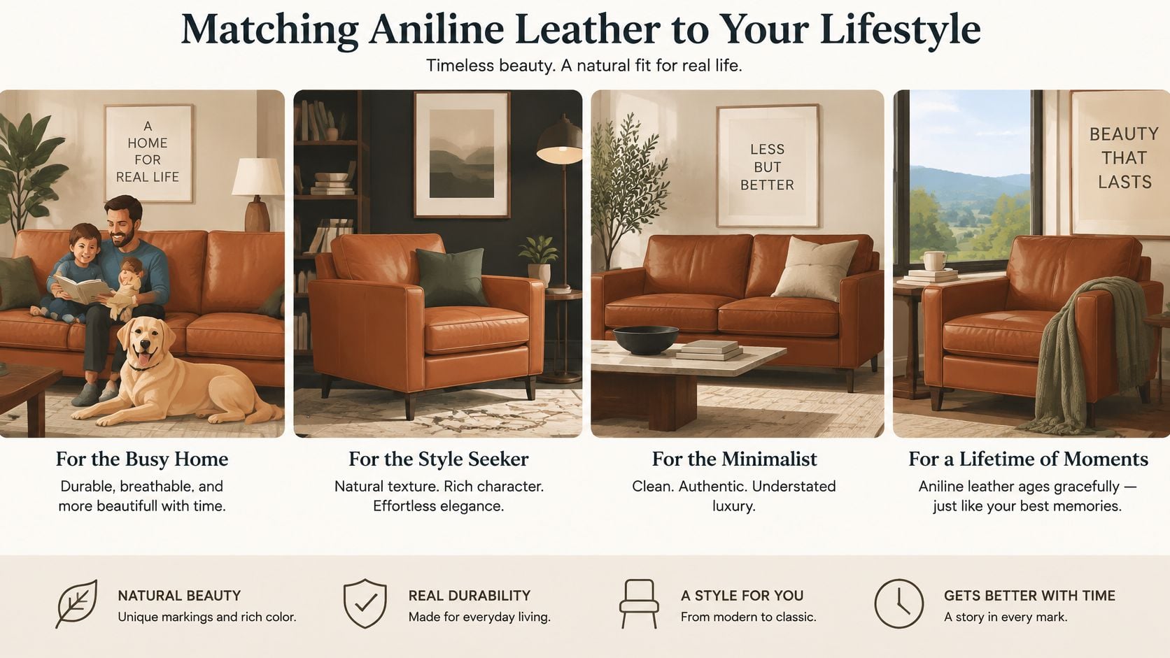 A collage showing various interior settings with aniline leather sofas tailored to different lifestyle needs and preferences.