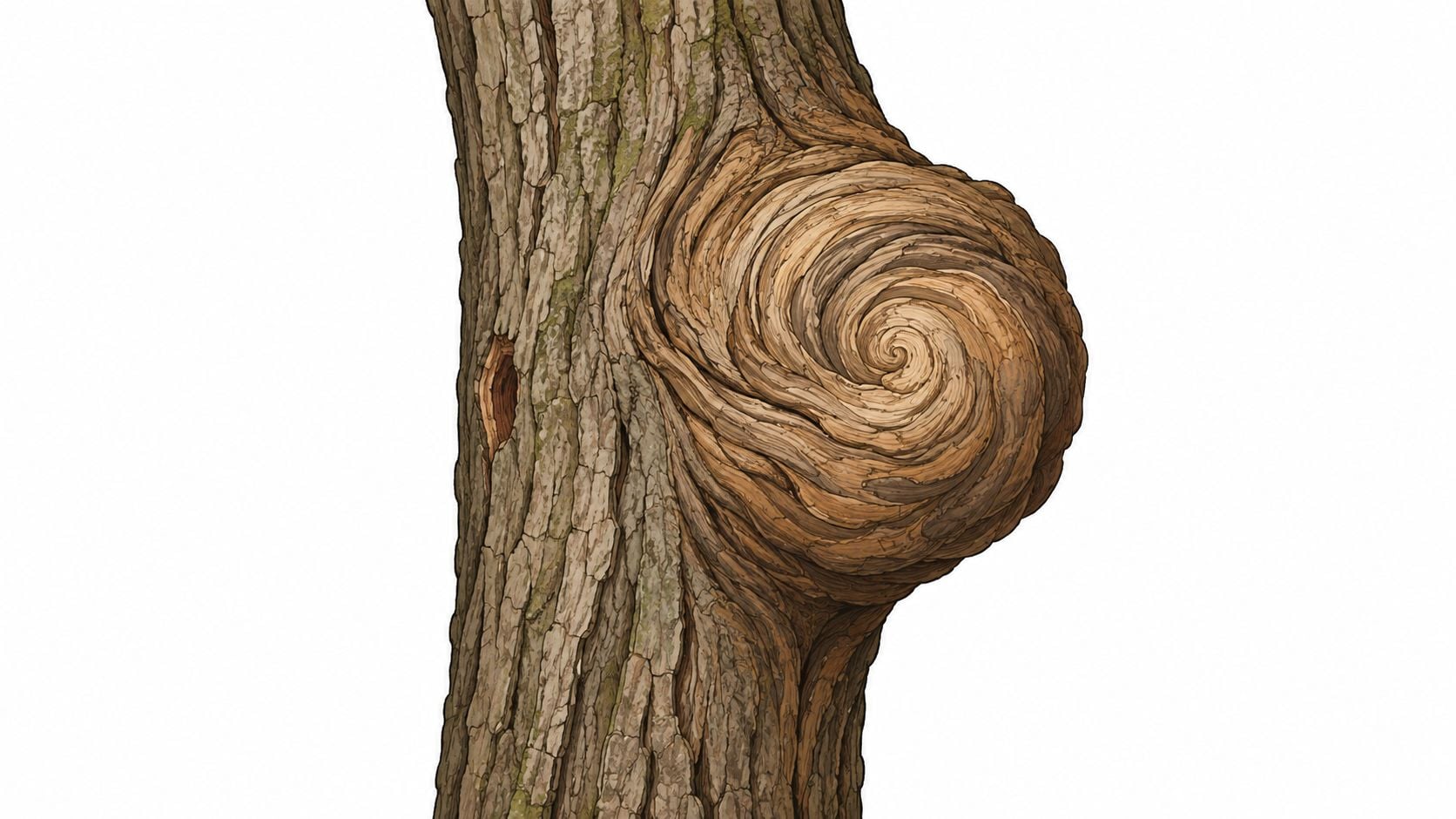 A detailed close-up illustration of a tree trunk with a prominent, swirling textured burl growth.