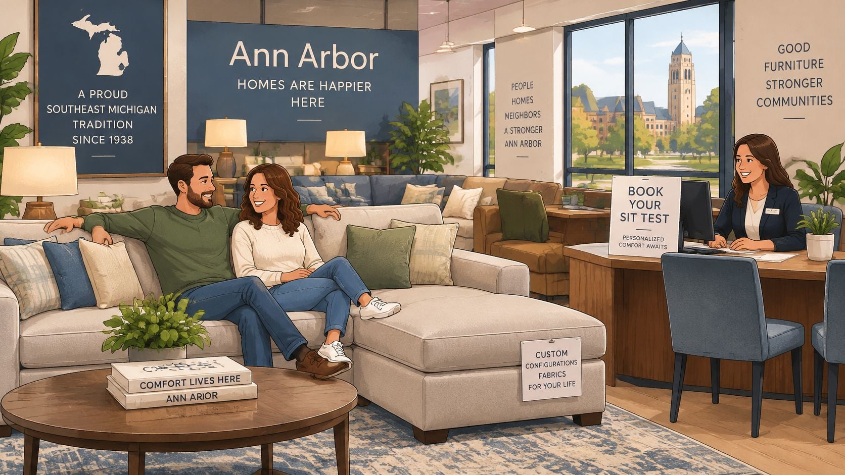 A couple sitting on a plush cream sectional with a chaise inside an Ann Arbor furniture showroom.