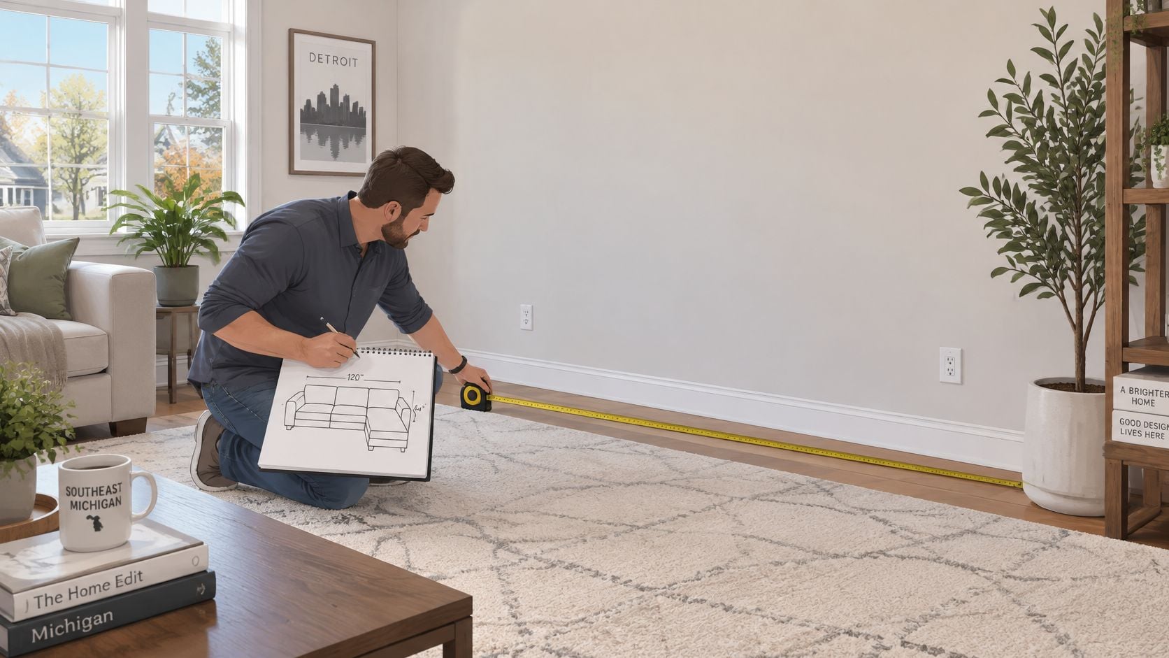 A man kneeling on a rug measures the wall while sketching a custom sectional with chaise dimensions.
