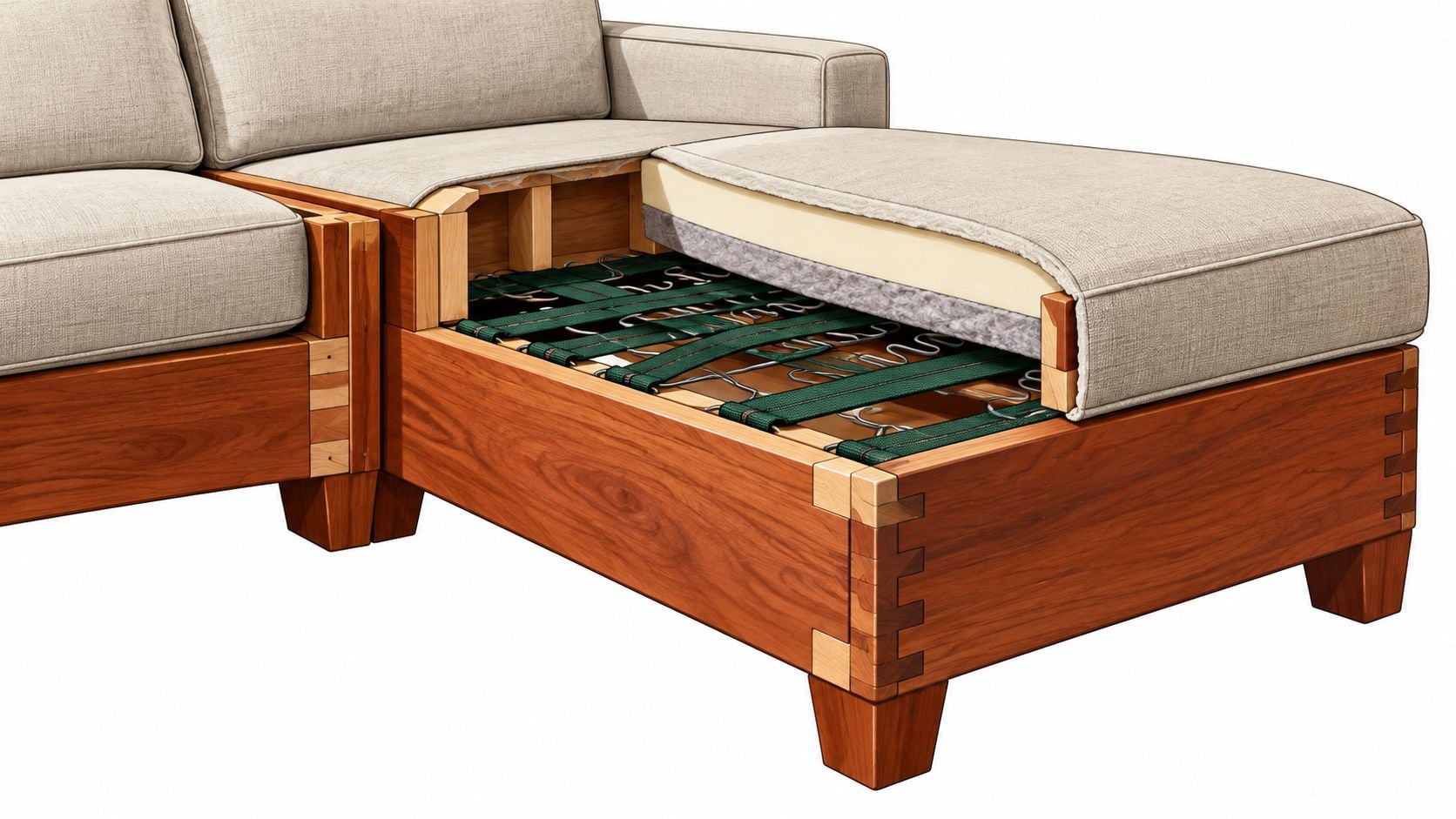 Cutaway view of a high-quality sectional sofa with chaise showing wooden frame, foam cushioning, and springs.