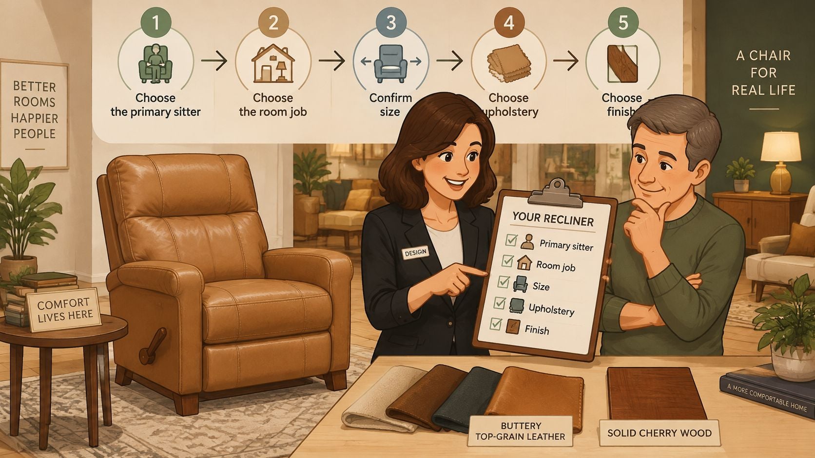 A professional furniture designer showing a personalized recliner customization process checklist to a customer in a showroom.