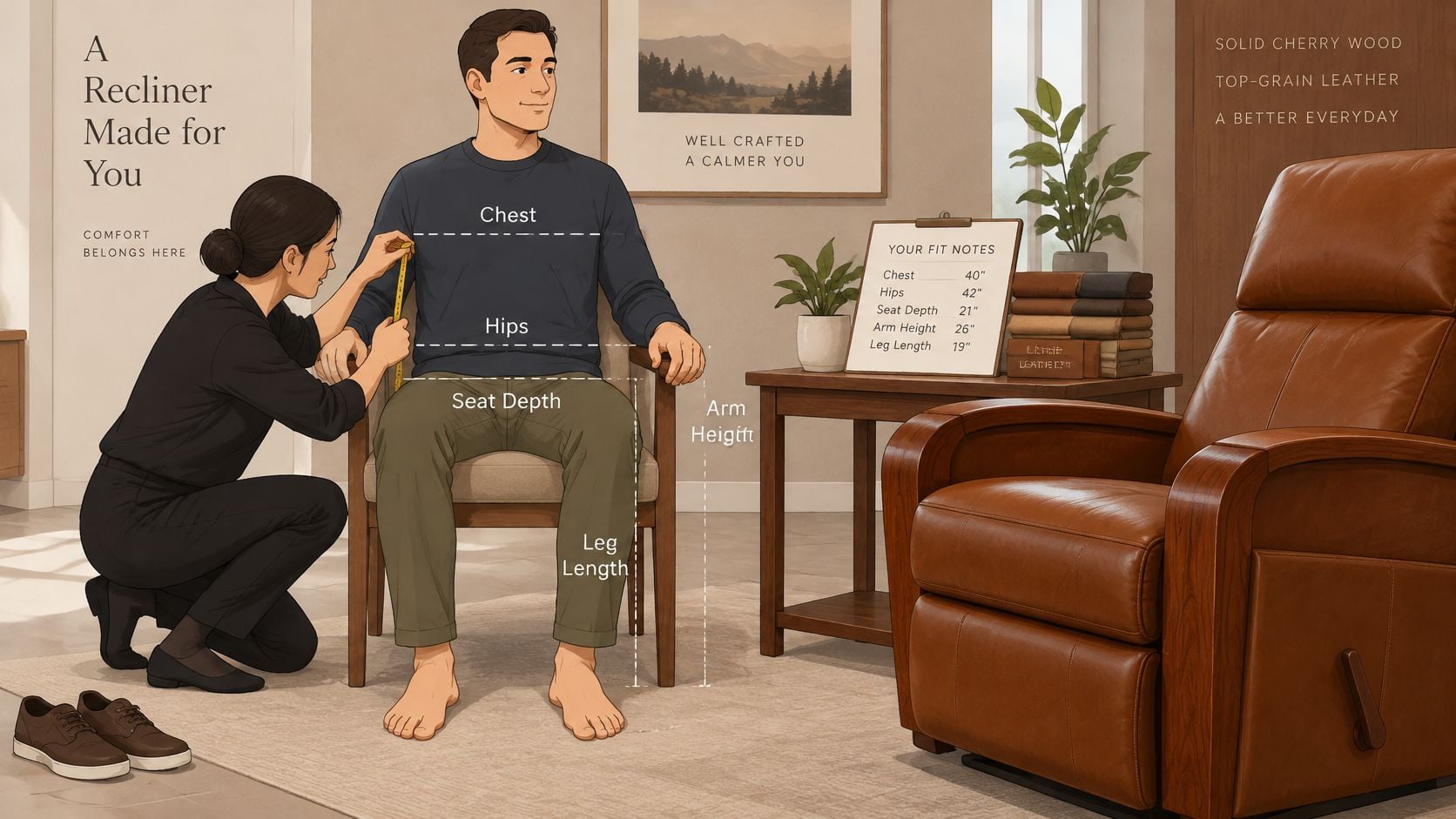 A professional measuring a man sitting in a chair to ensure a perfect fit for a recliner.