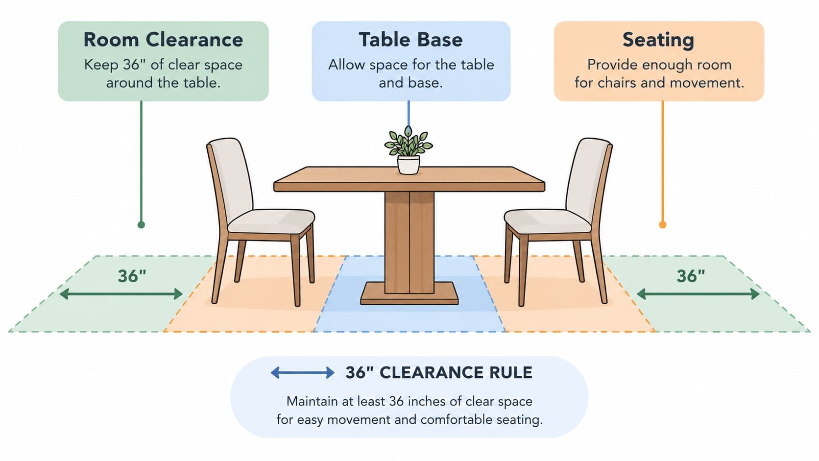 A diagram illustrating the recommended 36-inch clearance rule for dining table placement and chair spacing.